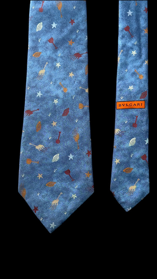 BVLGARI vintage 7-fold blue novelty crepe silk jacquard tie.