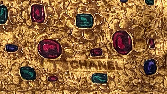 Hand rolled hem CHANEL Vintage Golden Jewel Crepe Silk Scarf (96 cm by 99 cm) Larger Size.