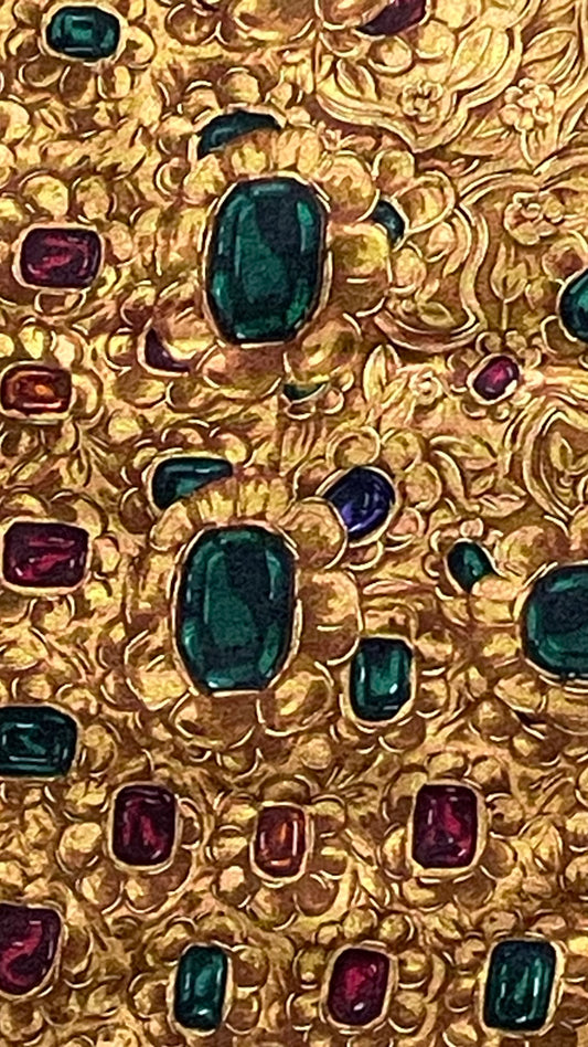 Hand rolled hem CHANEL Vintage Golden Jewel Crepe Silk Scarf (96 cm by 99 cm) Larger Size.