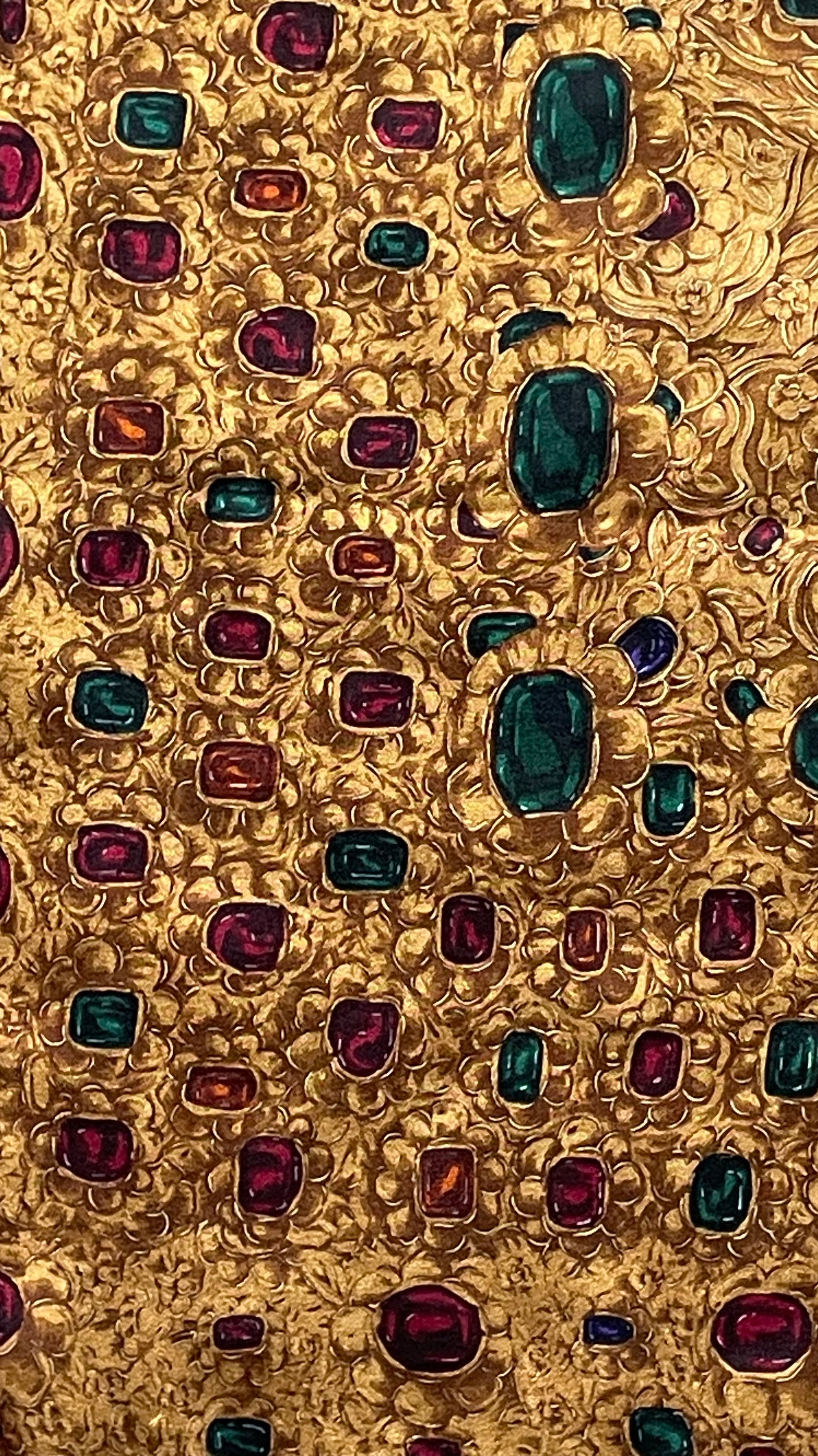 Hand rolled hem CHANEL Vintage Golden Jewel Crepe Silk Scarf (96 cm by 99 cm) Larger Size.