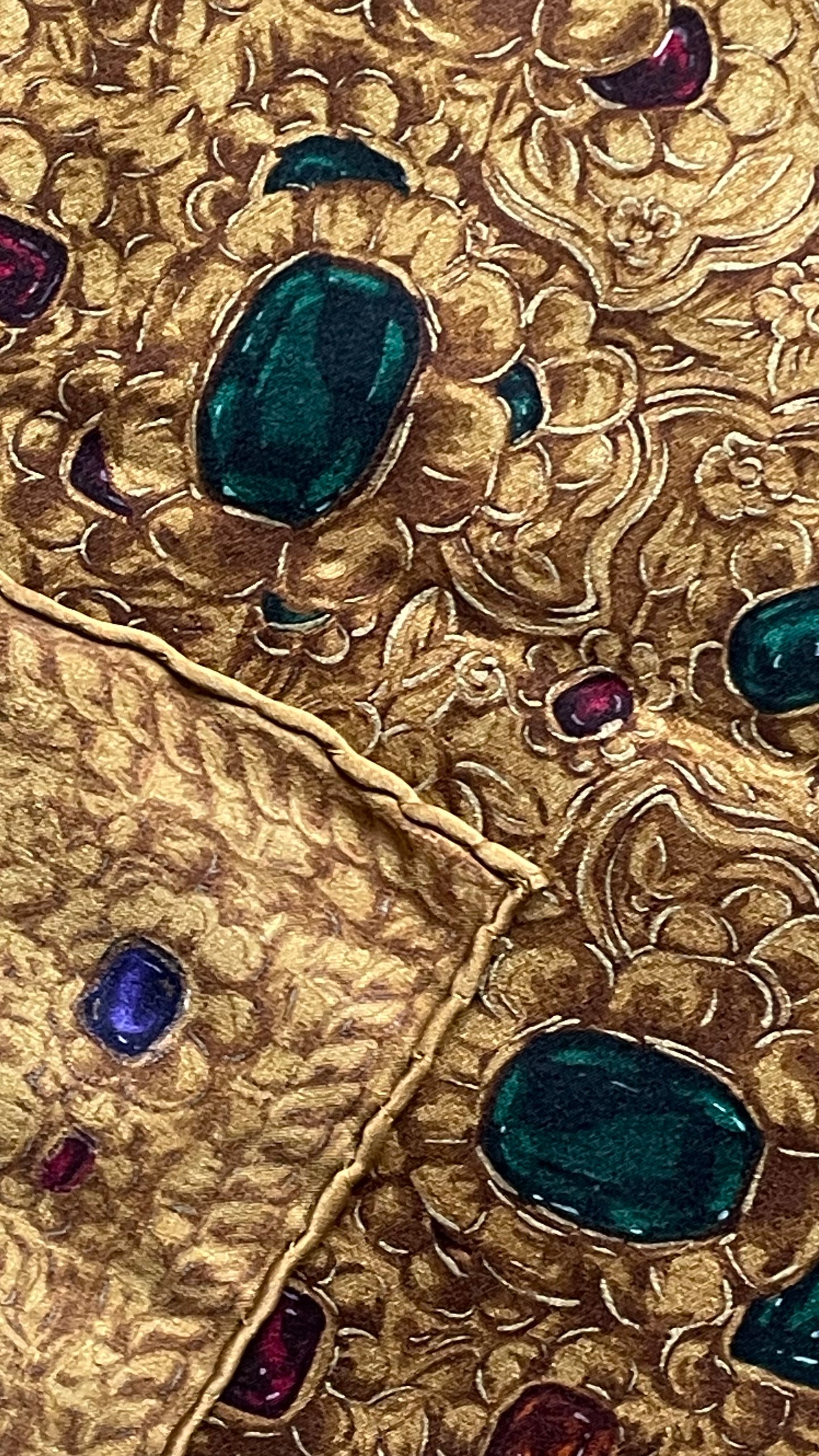 Hand rolled hem CHANEL Vintage Golden Jewel Crepe Silk Scarf (96 cm by 99 cm) Larger Size.