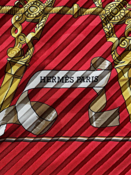 “COPEAUX” HERMES Vintage Burnt Orange Pleated Silk Scarf designed by Cathy Latham.