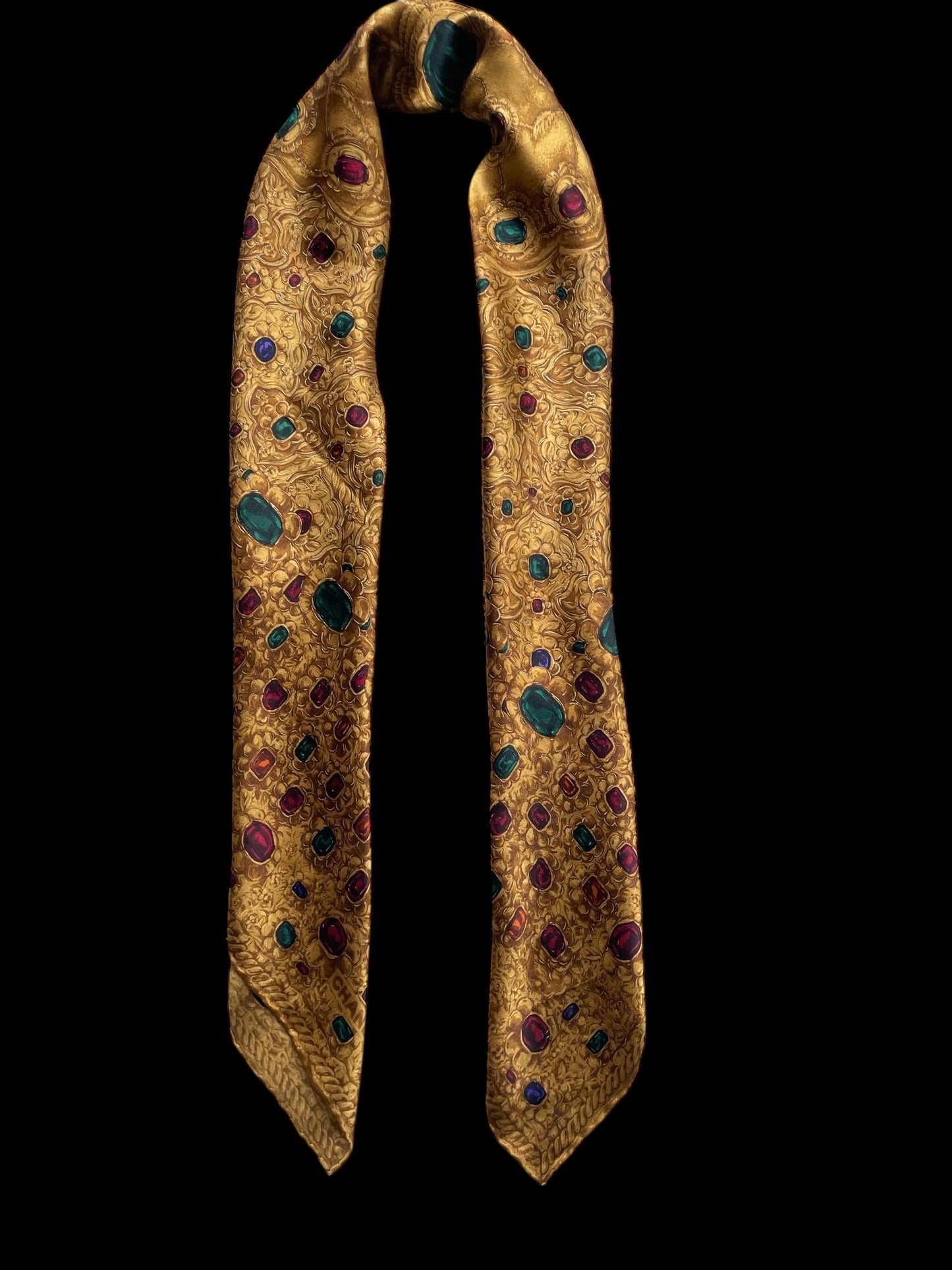 Hand rolled hem CHANEL Vintage Golden Jewel Crepe Silk Scarf (96 cm by 99 cm) Larger Size.