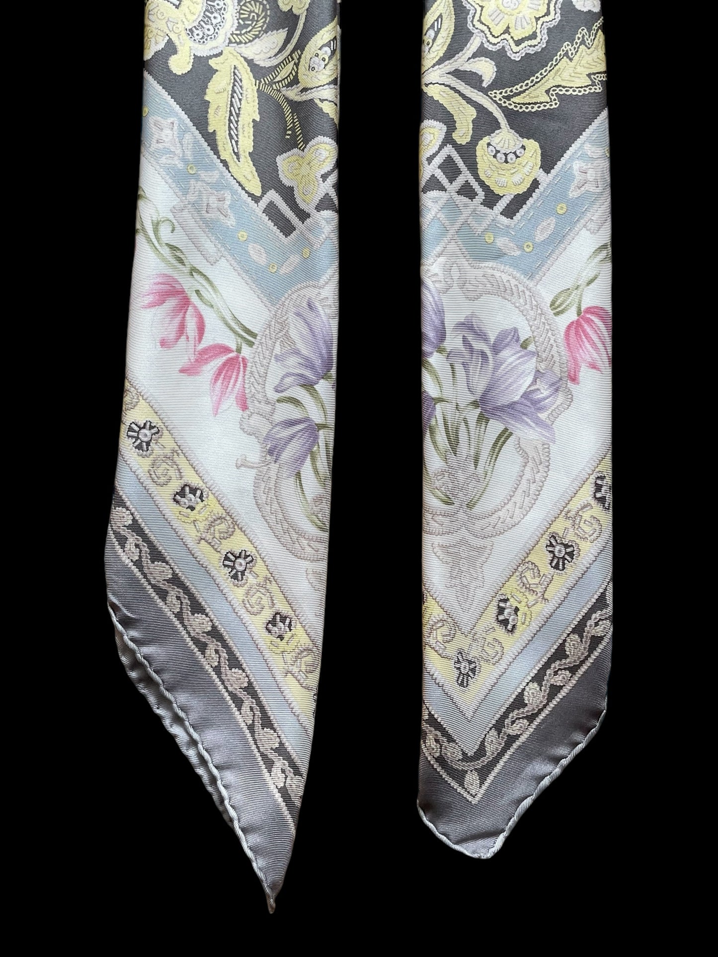 ETRO Vintage Grey Floral Silk Scarf (88 cm by 90 cm) Hand Rolled Hem.