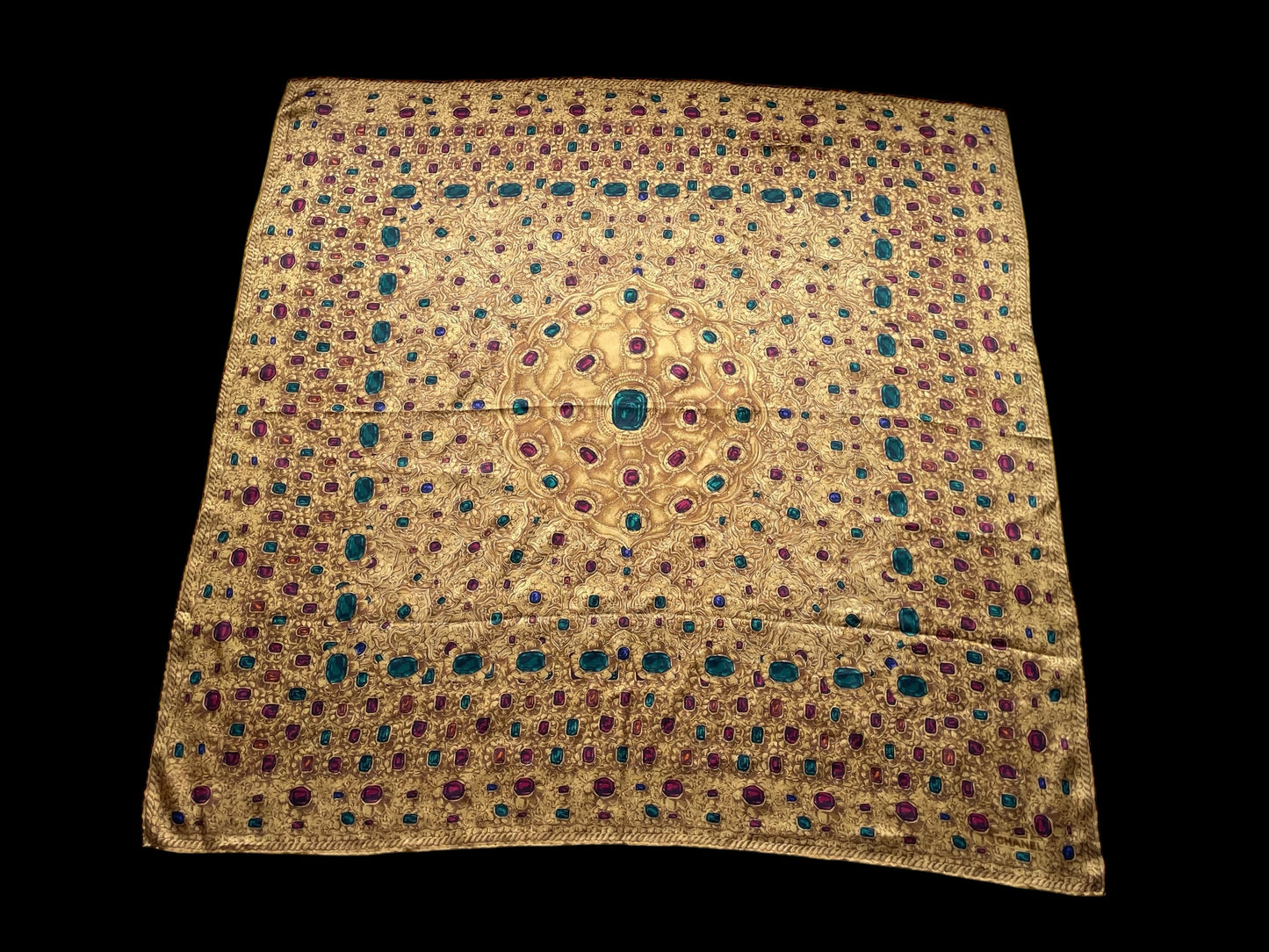 Hand rolled hem CHANEL Vintage Golden Jewel Crepe Silk Scarf (96 cm by 99 cm) Larger Size.