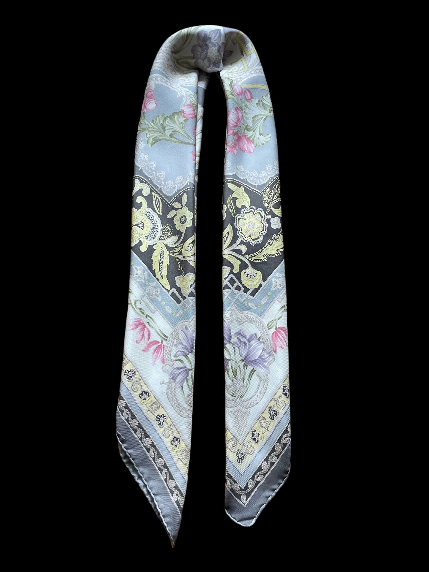 ETRO Vintage Grey Floral Silk Scarf (88 cm by 90 cm) Hand Rolled Hem.