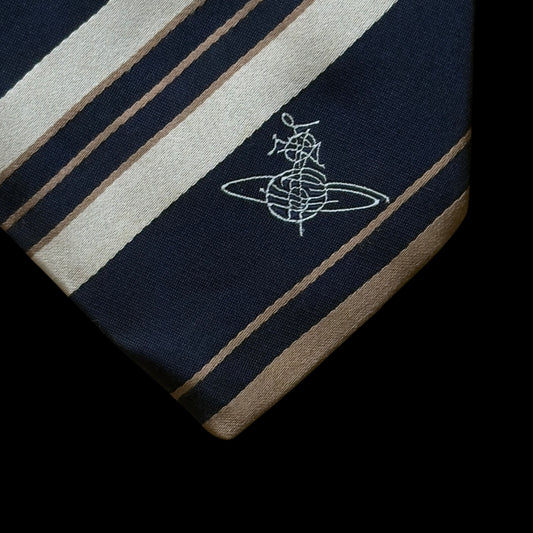 VIVIENNE WESTWOOD Navy Blue Stripes Silk Tie (8.7 cm by 149.6 cm) Medium Front Width.
