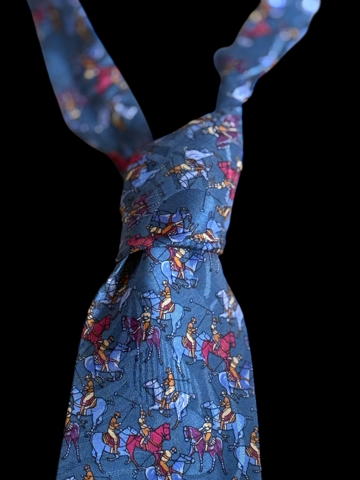 Vintage Dark Grey Polo Playing Crepe Silk Jacquard Tie By VALENTINO PUCCINI (9.3 cm by 142.5 cm)