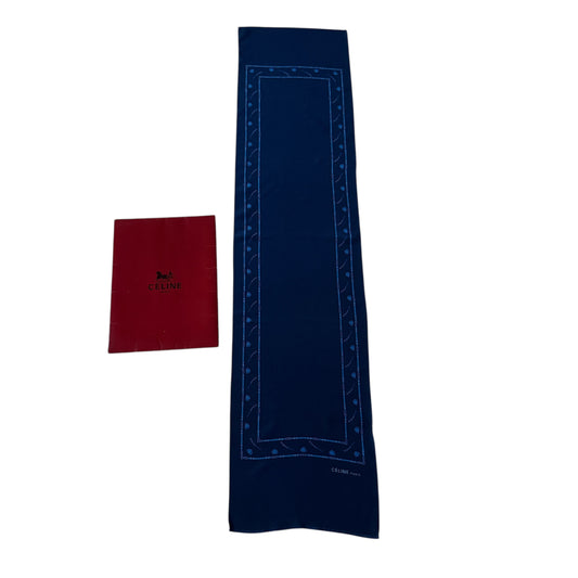 CELINE Vintage Navy Blue Equestrian Long Crepe Silk Scarf (28 cm by 118.5 cm)