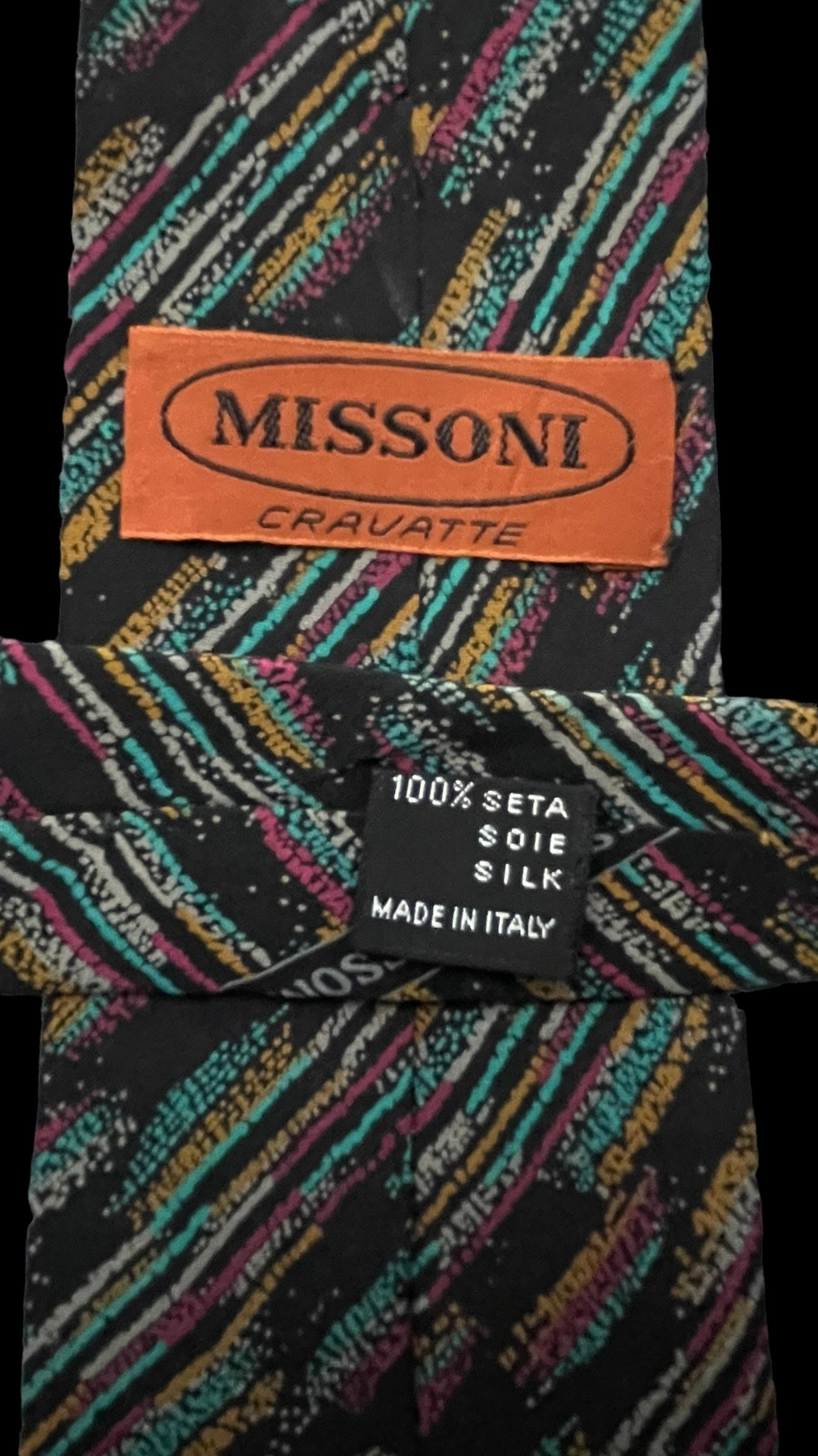 MISSONI Vintage Black Arty Crepe Silk Tie (8.3 cm by 142 cm) Medium Front Size.
