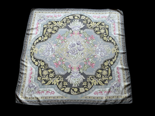 ETRO Vintage Grey Floral Silk Scarf (88 cm by 90 cm) Hand Rolled Hem.