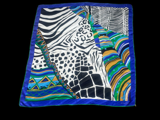 DA MAREN Vintage Bright Blue Crepe Silk Jacquard Scarf (84 cm by 87 cm) Hand rolled edges.