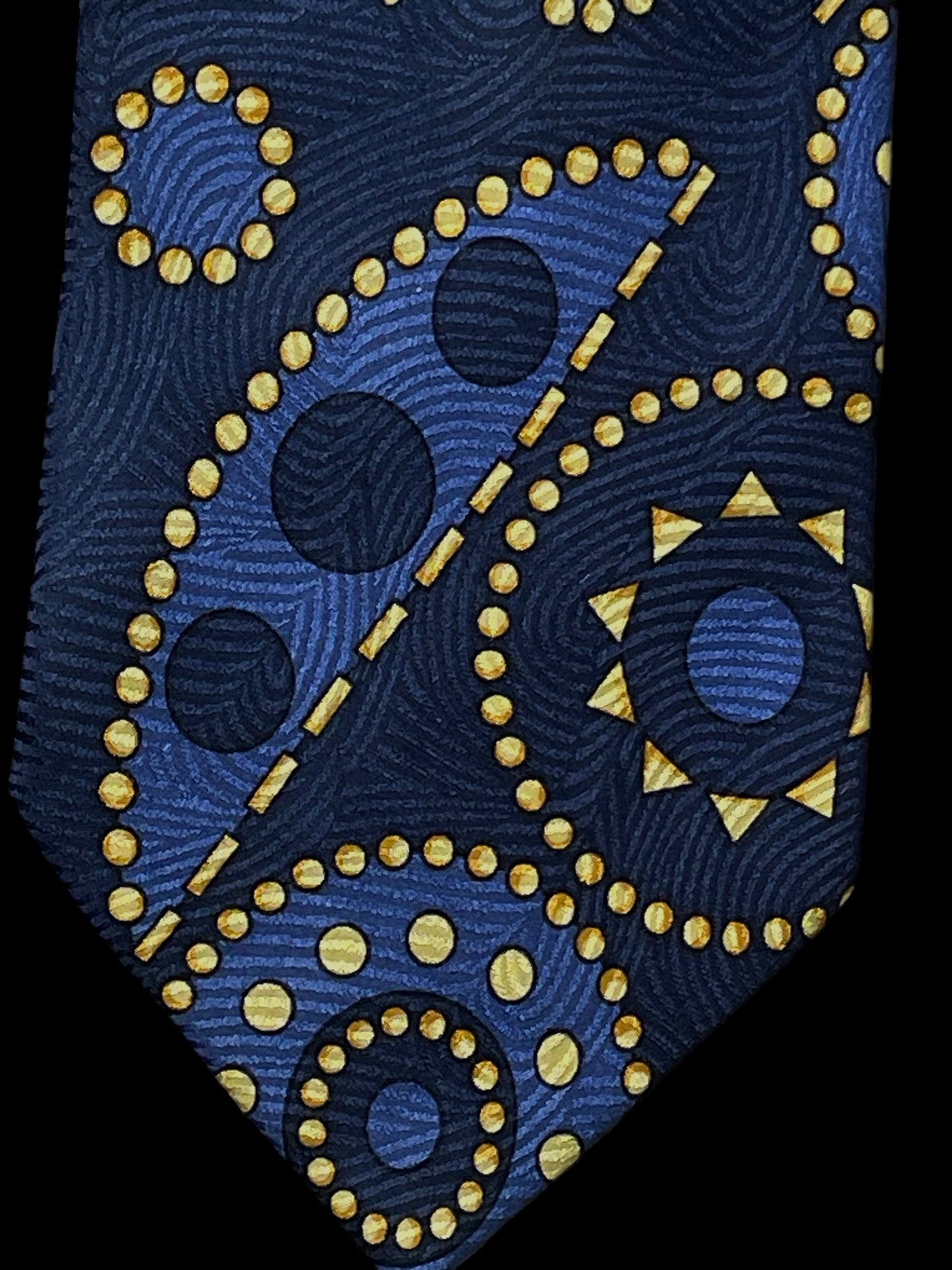 V2 by VERSACE Vintage Crepe Silk Jacquard Tie (9.2 cm by 145 cm). Navy blue abstract Printed
