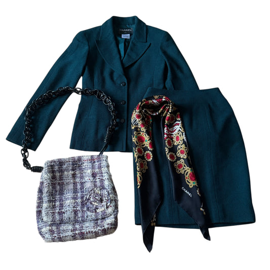 CHANEL Vintage Black Jewel Crepe Silk Jacquard Scarf (87 cm by 87 cm)