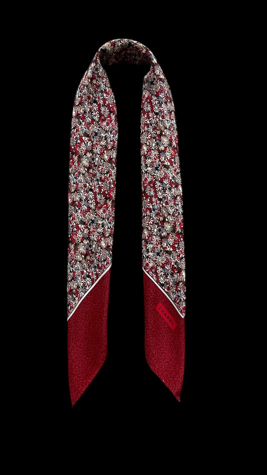 CHANEL Vintage Black Floral Crepe Silk Scarf (87 cm by 87 cm) Hand rolled Hem.