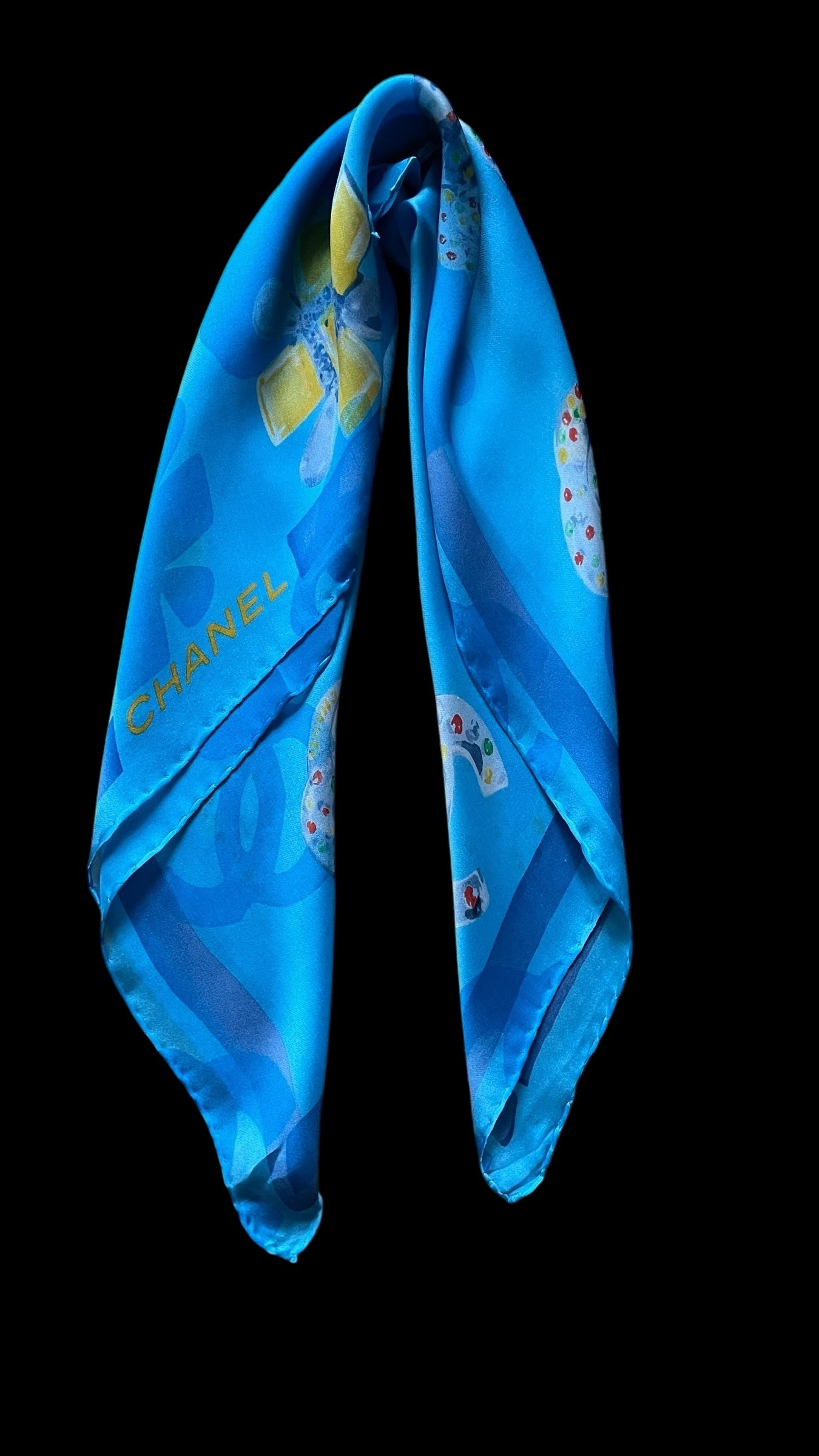 CHANEL Vintage Light Blue Floral Crepe Silk Chiffon Scarf (58 cm by 58 cm) Hand rolled Hem.