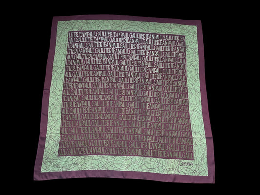 JEAN PAUL GAUTHIER vintage pistachio-color metallic logo scarf (87 cm by 88 cm).