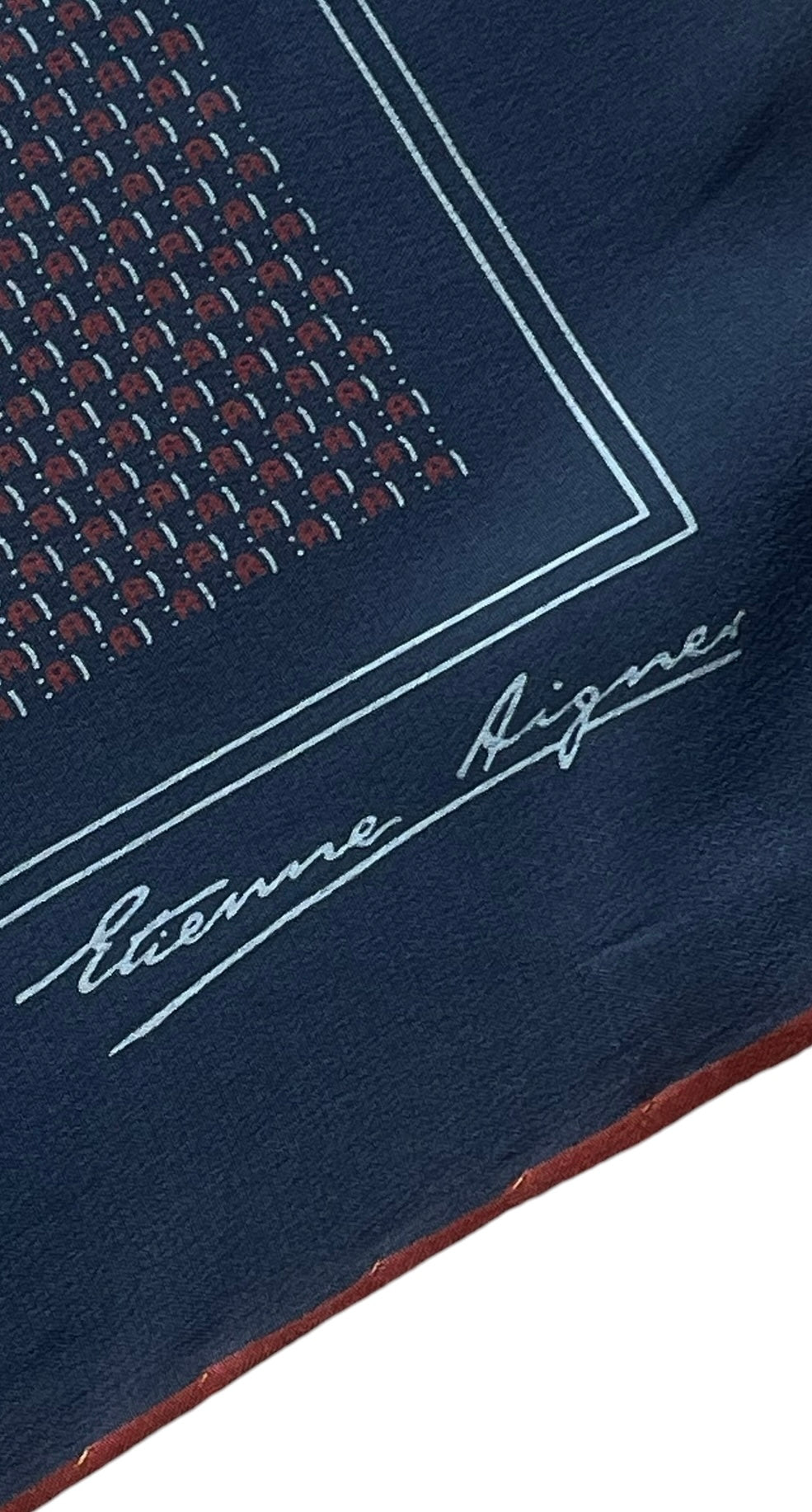 ETIENNE AIGNER Vintage Dark Grey Geometric/Logos Crepe Silk Scarf (87 cm by 87 cm) Hand rolled edges.