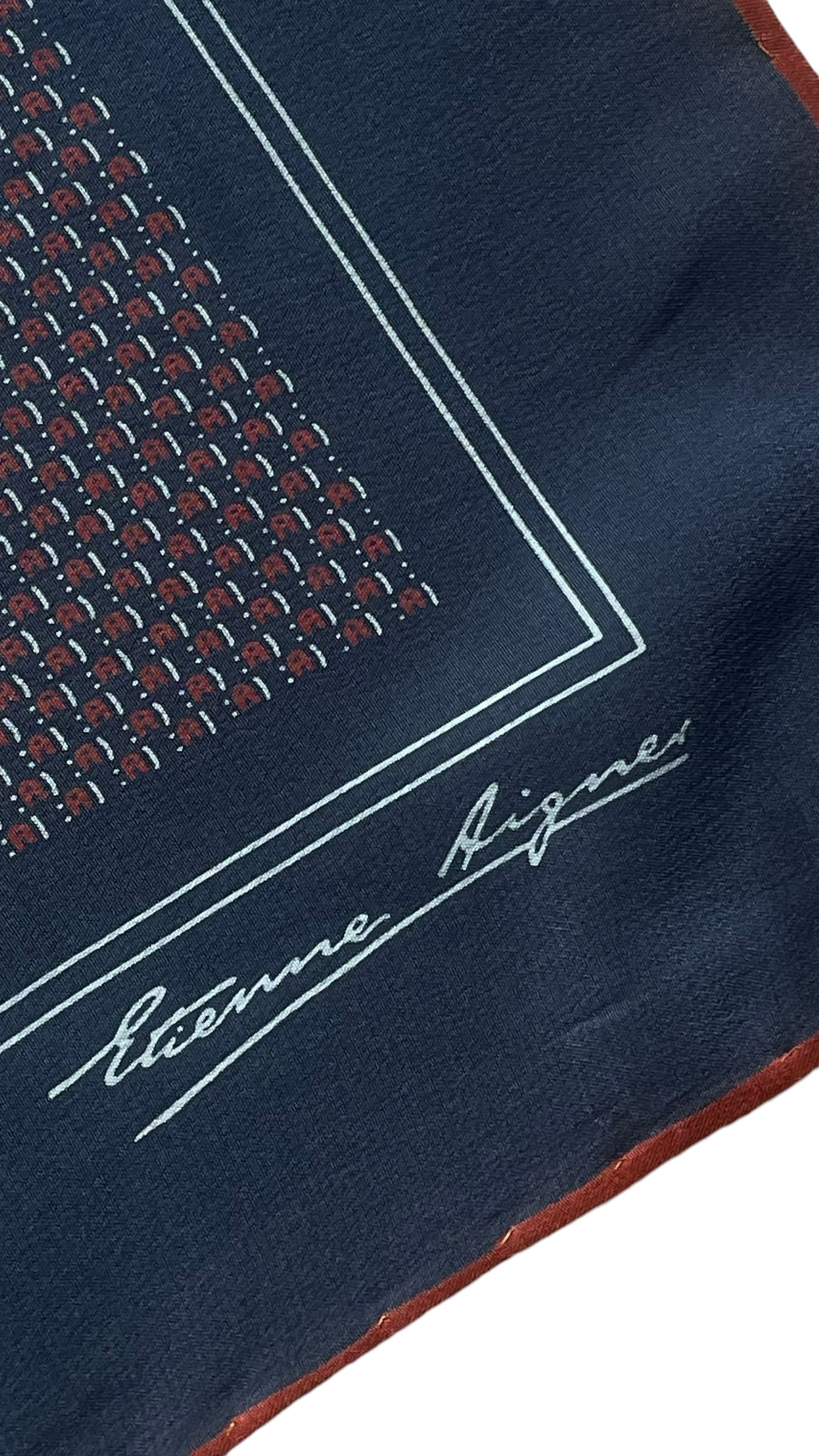ETIENNE AIGNER Vintage Dark Grey Geometric/Logos Crepe Silk Scarf (87 cm by 87 cm) Hand rolled edges.