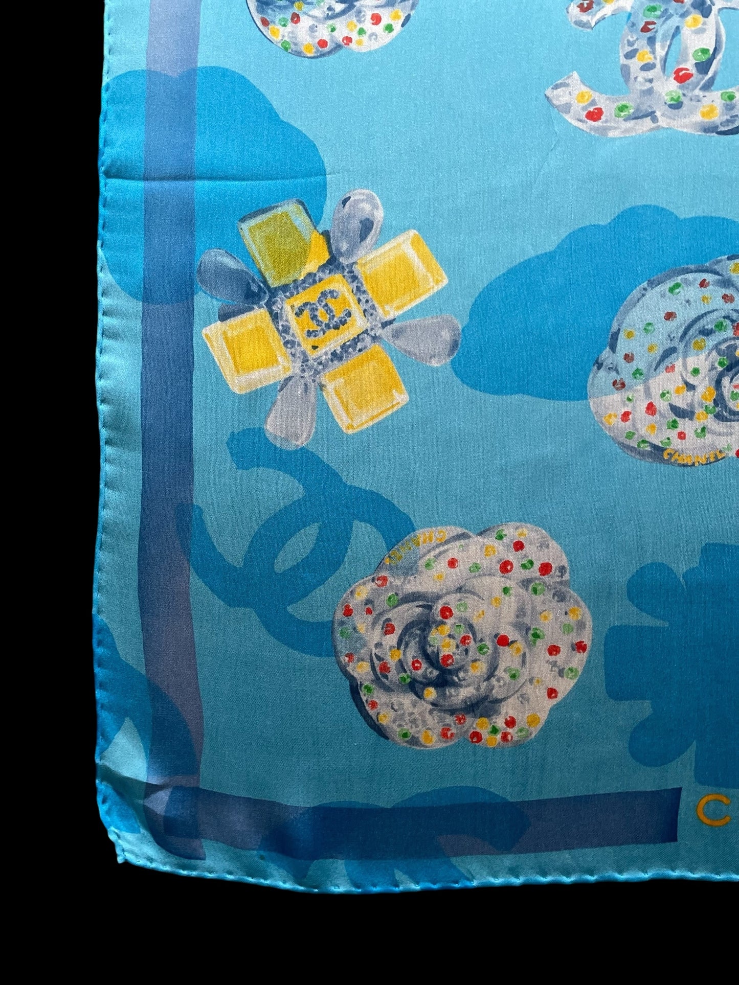 CHANEL Vintage Light Blue Floral Crepe Silk Chiffon Scarf (58 cm by 58 cm) Hand rolled Hem.
