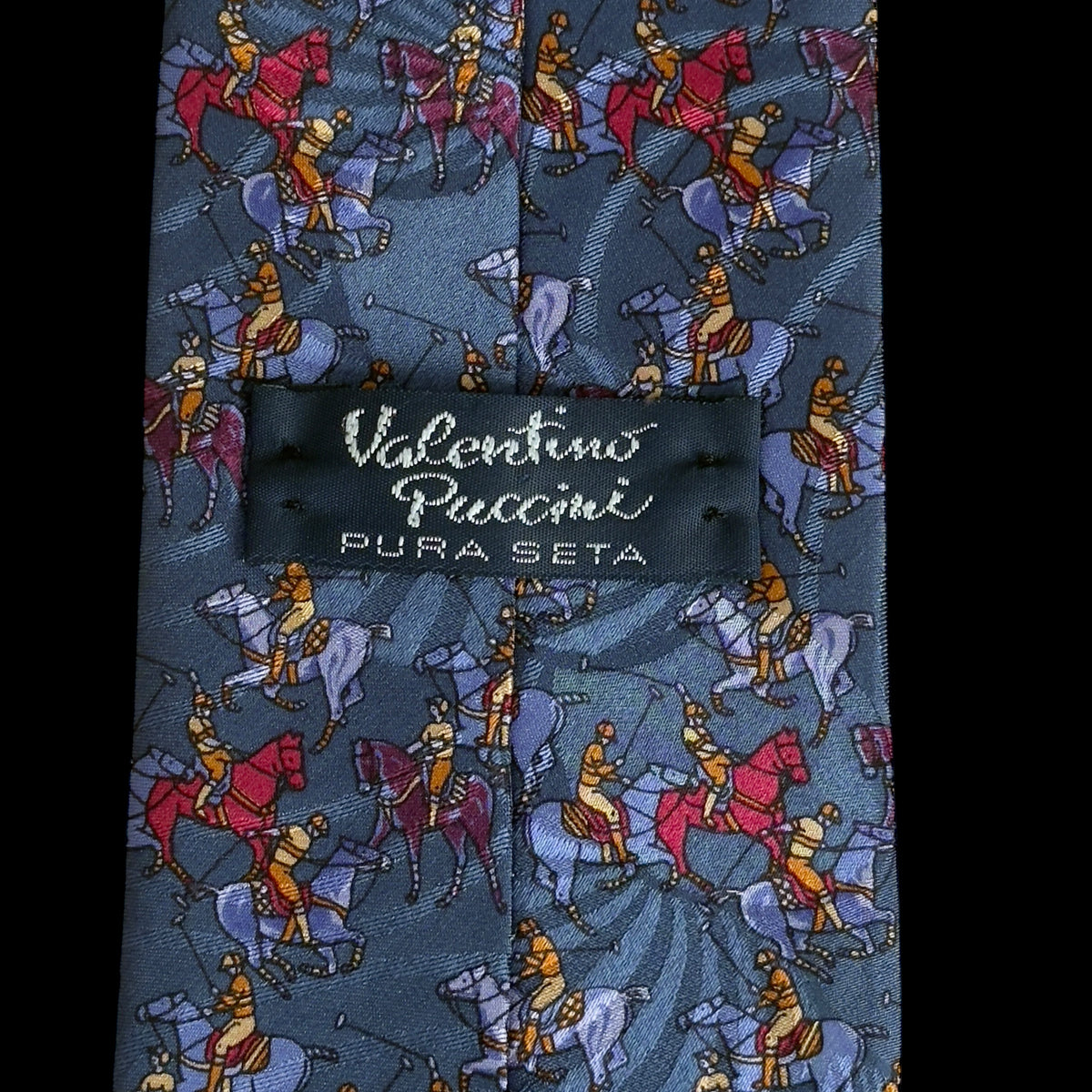 Vintage Dark Grey Polo Playing Crepe Silk Jacquard Tie By VALENTINO PUCCINI (9.3 cm by 142.5 cm)