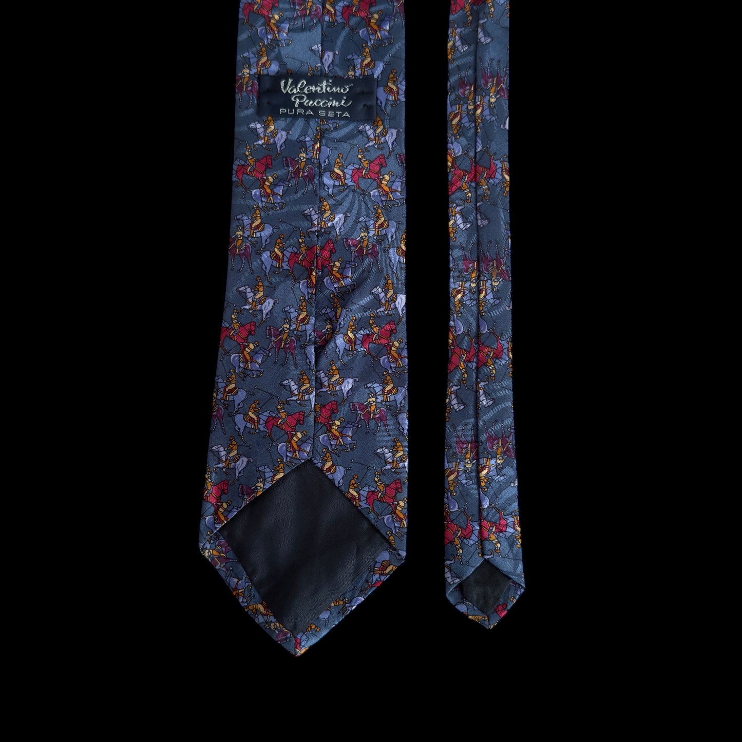 Vintage Dark Grey Polo Playing Crepe Silk Jacquard Tie By VALENTINO PUCCINI (9.3 cm by 142.5 cm)