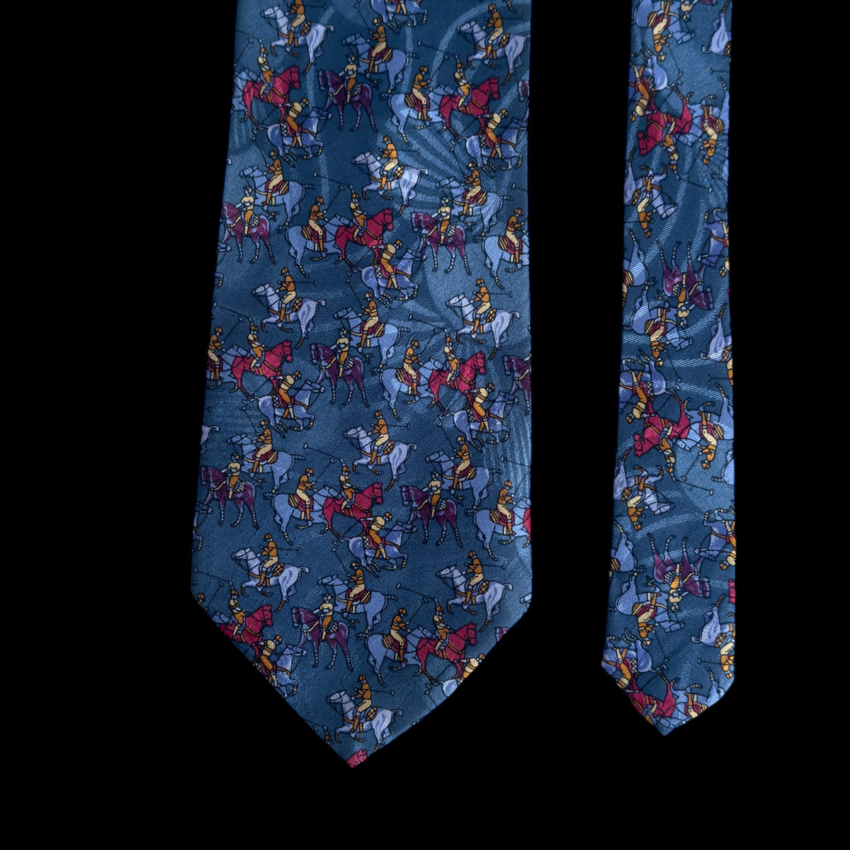 Vintage Dark Grey Polo Playing Crepe Silk Jacquard Tie By VALENTINO PUCCINI (9.3 cm by 142.5 cm)