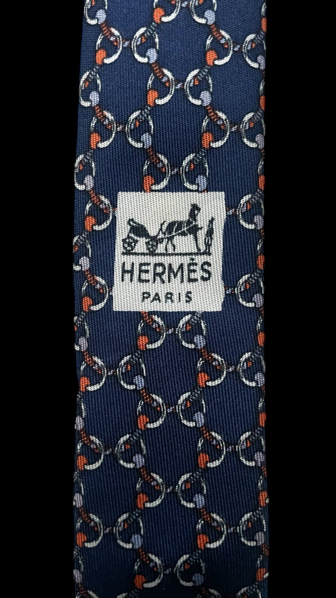 HERMES Vintage Navy Blue Equestrian Silk Tie (9.6 cm by 140 cm) Medium Front Size.