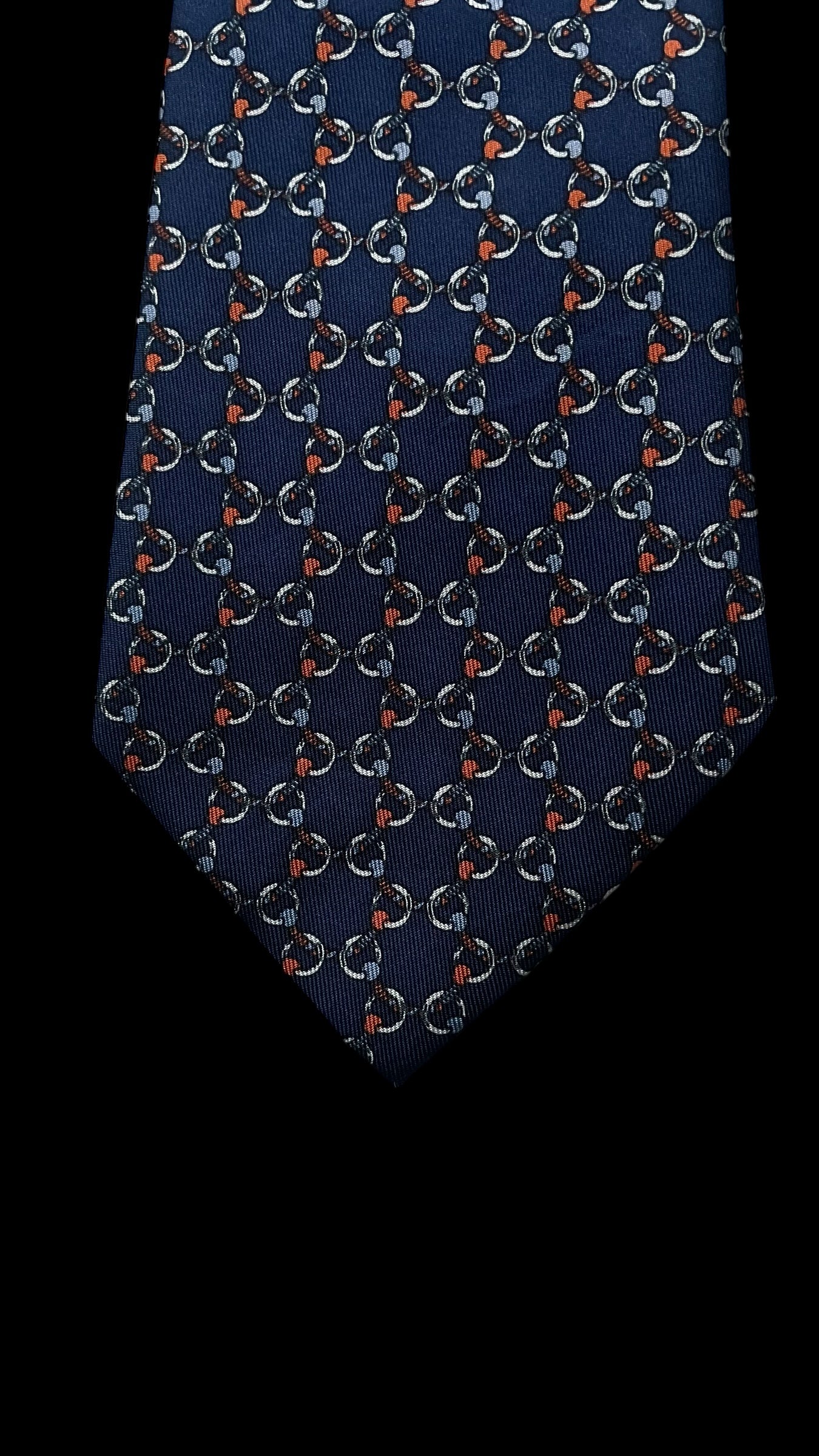 HERMES Vintage Navy Blue Equestrian Silk Tie (9.6 cm by 140 cm) Medium Front Size.