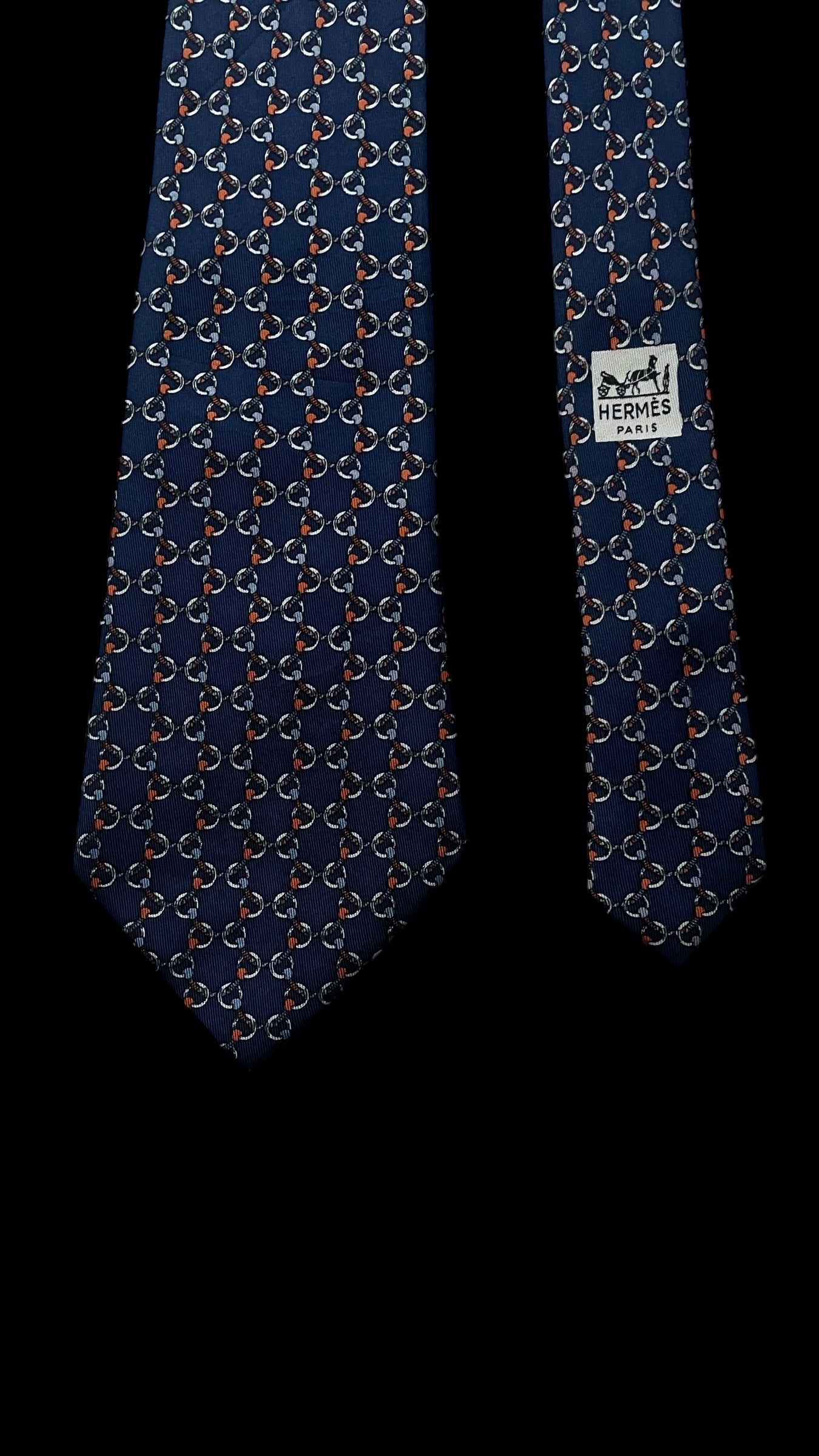 HERMES Vintage Navy Blue Equestrian Silk Tie (9.6 cm by 140 cm) Medium Front Size.