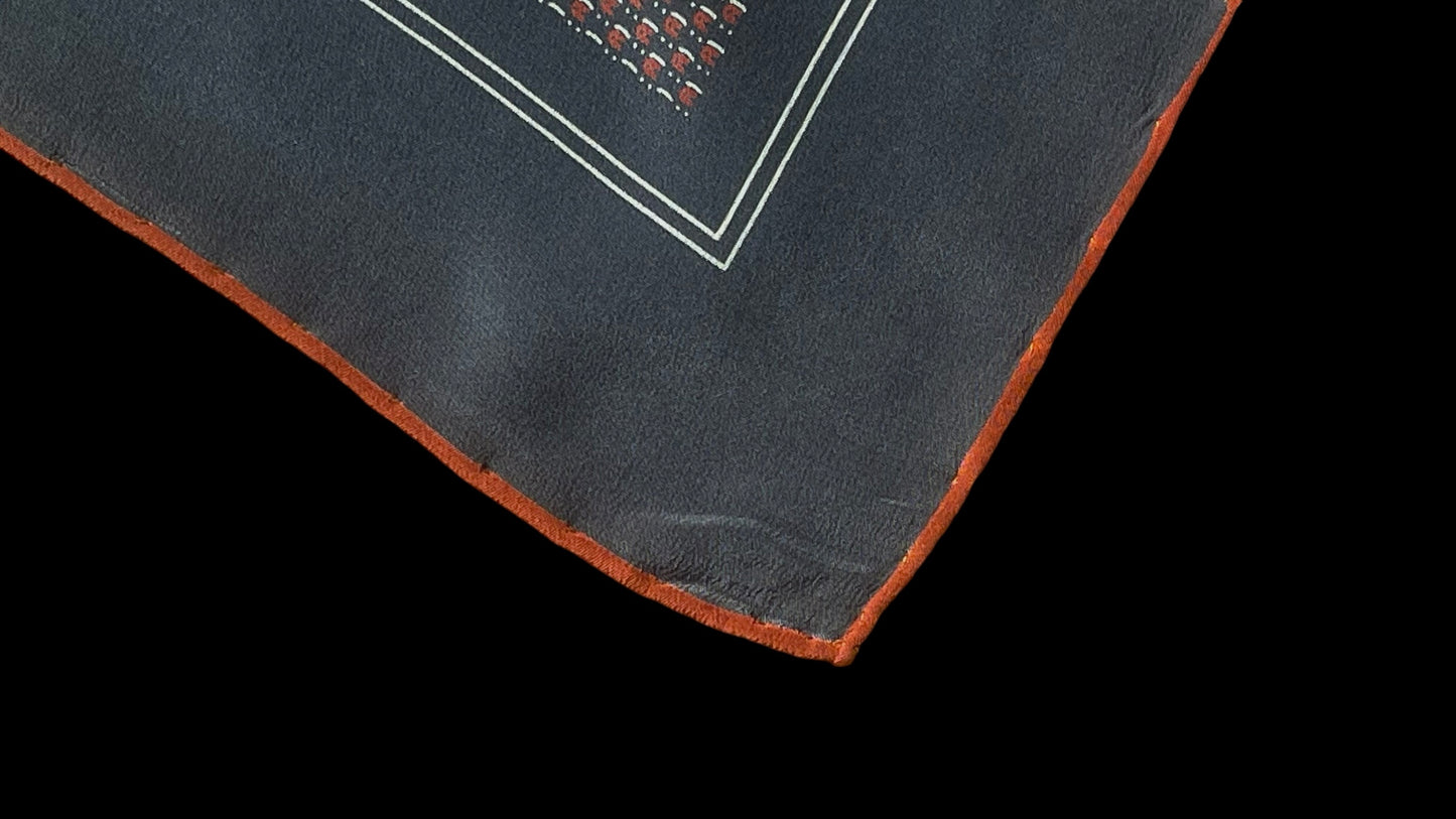 ETIENNE AIGNER Vintage Dark Grey Geometric/Logos Crepe Silk Scarf (87 cm by 87 cm) Hand rolled edges.