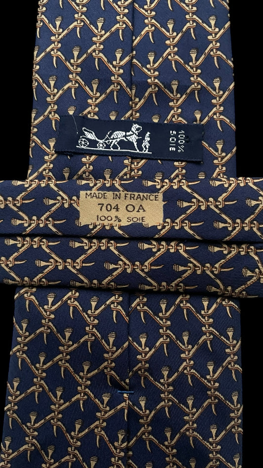 HERMES Vintage Navy Blue Mechanic Silk Tie (9.2 cm by 134 cm) Medium Front Size.