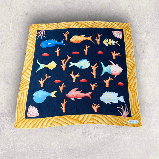 BVLGARI Vintage Navy Blue Fishes Silk Scarf. Hand rolled hem (83 cm by 84 cm) designed by Davide Pizzigoni