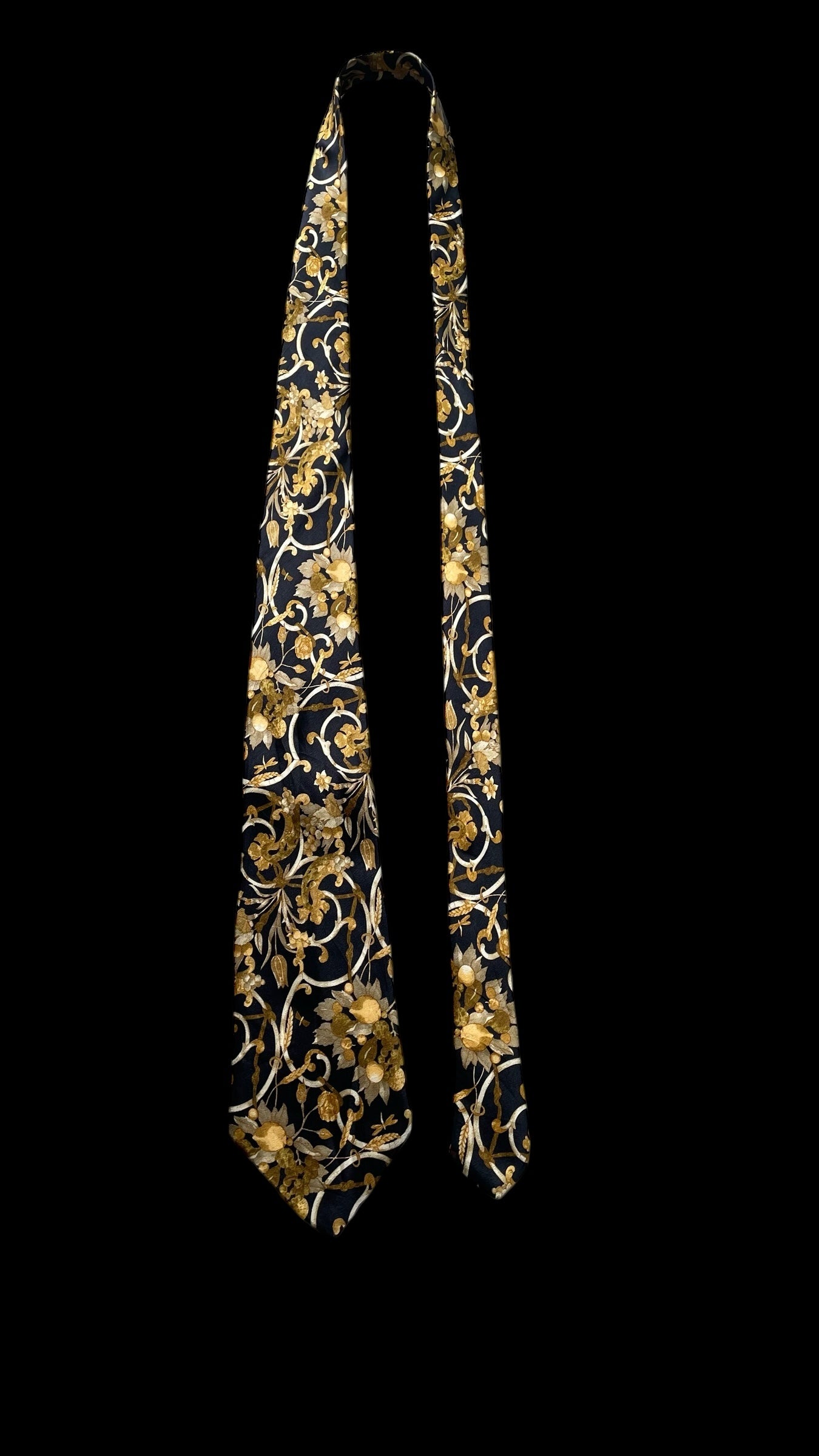LANVIN Vintage Black Floral Crepe Silk Jacquard Tie (9.5 cm by 156.5 cm) Longer Length