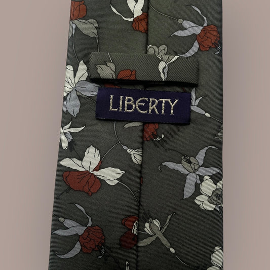 LIBERTY vintage olive-green floral silk tie (9.5 cm by 146 cm) regular size