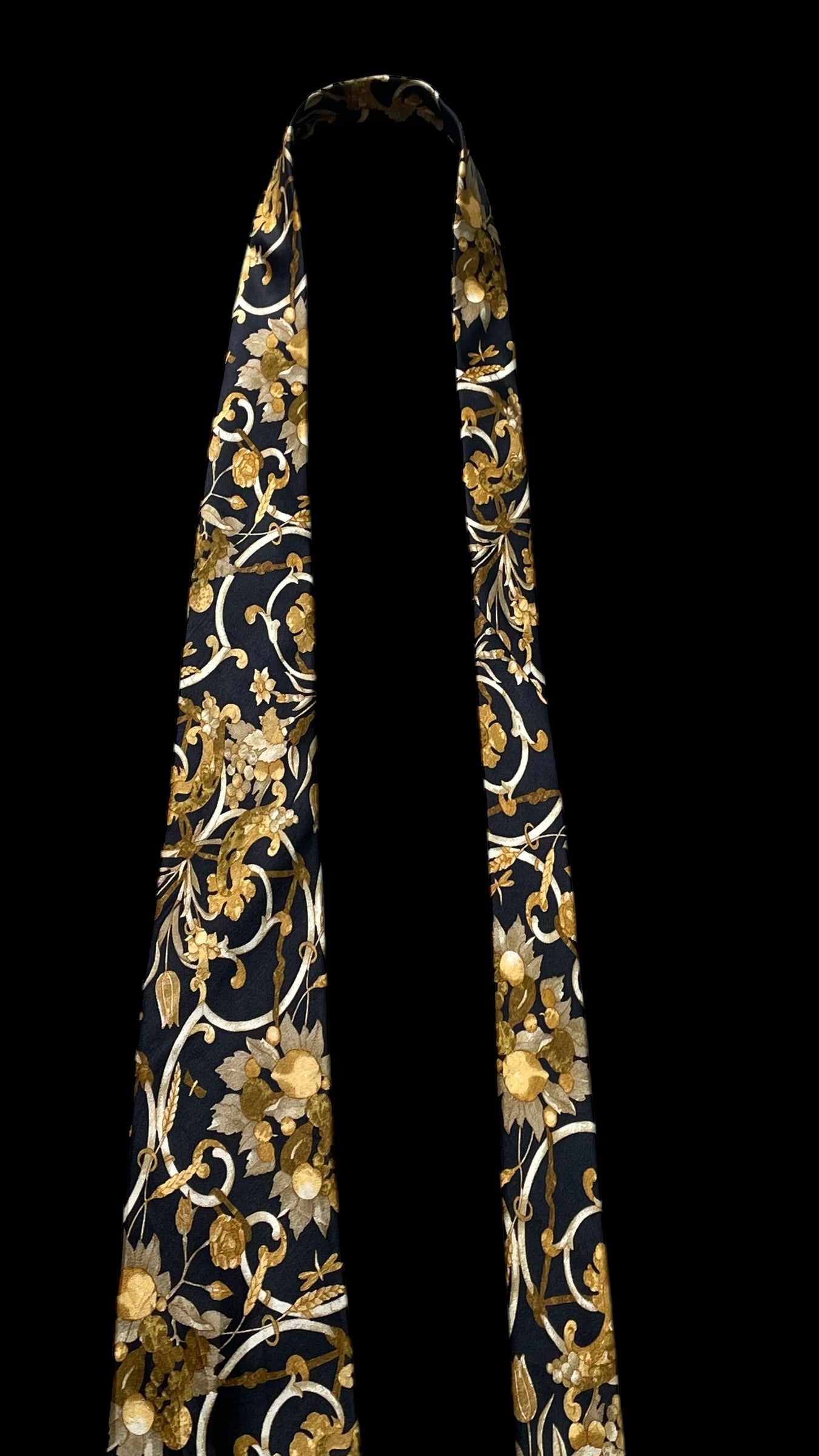 LANVIN Vintage Black Floral Crepe Silk Jacquard Tie (9.5 cm by 156.5 cm) Longer Length
