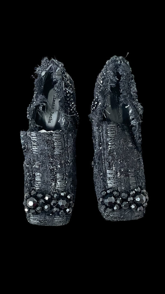 SIMONE ROCHA Women’s Black Embellished Tweed Block-Heel Shoes (Euro Size 36) U.K. 3.5
