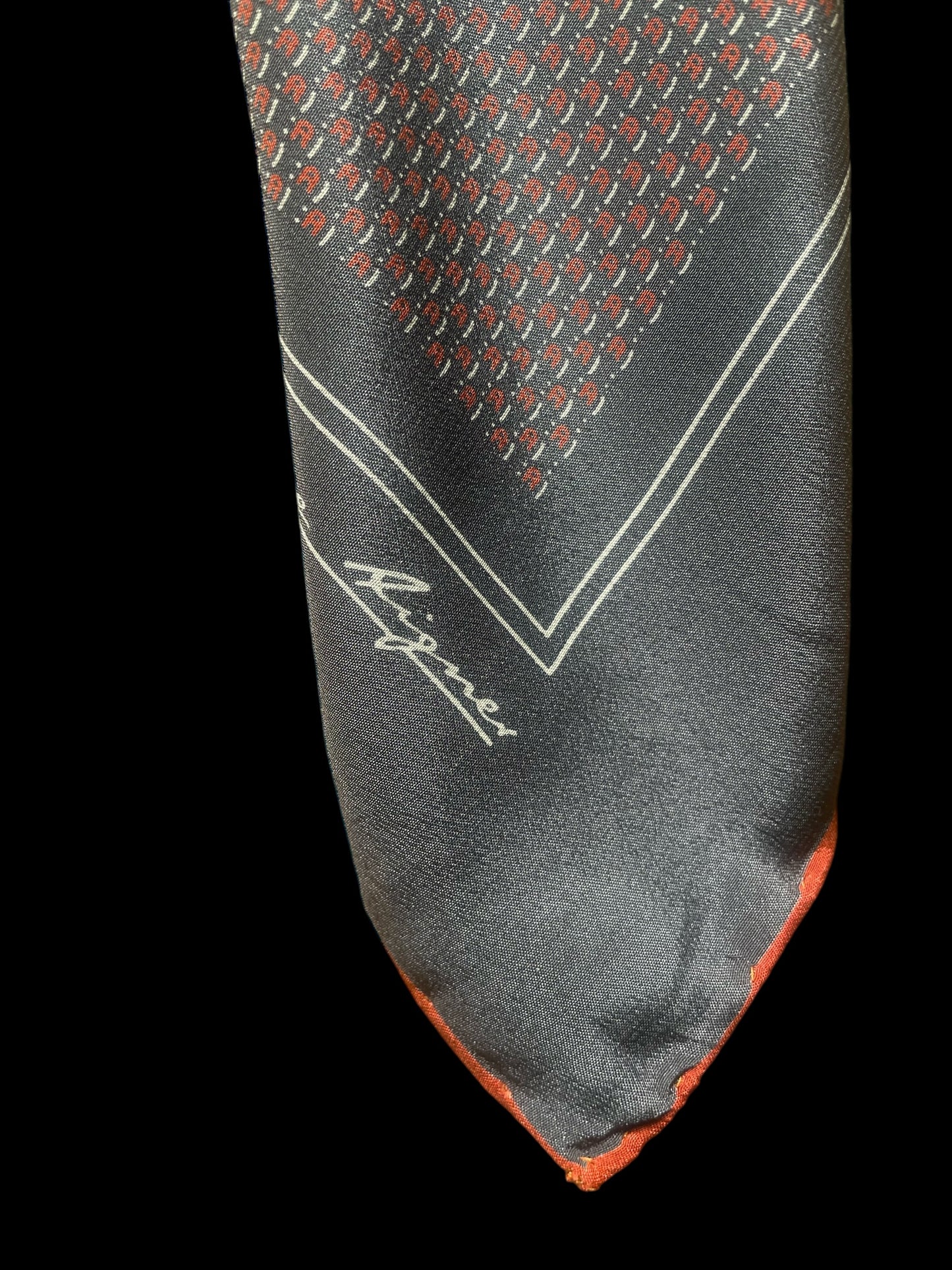 ETIENNE AIGNER Vintage Dark Grey Geometric/Logos Crepe Silk Scarf (87 cm by 87 cm) Hand rolled edges.