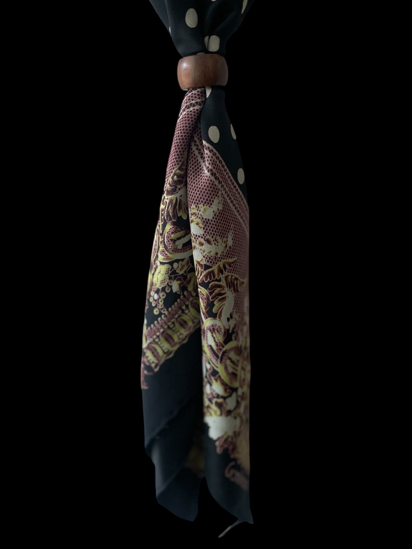 Vintage Black Polka Dots/ Baroque Crepe Silk Scarf by GIANNI VERSACE (84 cm by 90 cm) Hand rolled edges.