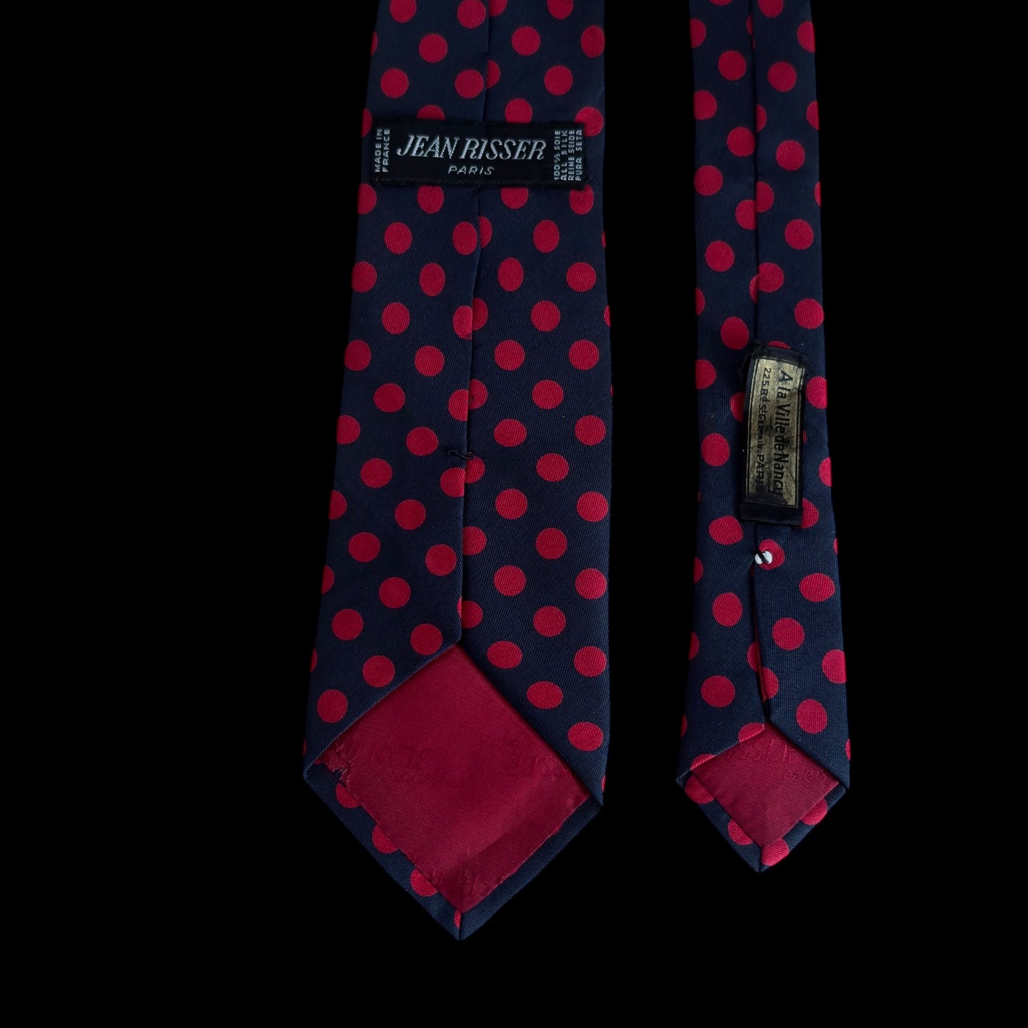 Vintage Navy Blue Polka Dots Silk Tie by JEAN RISSER (7.7 cm by 145.5 cm)