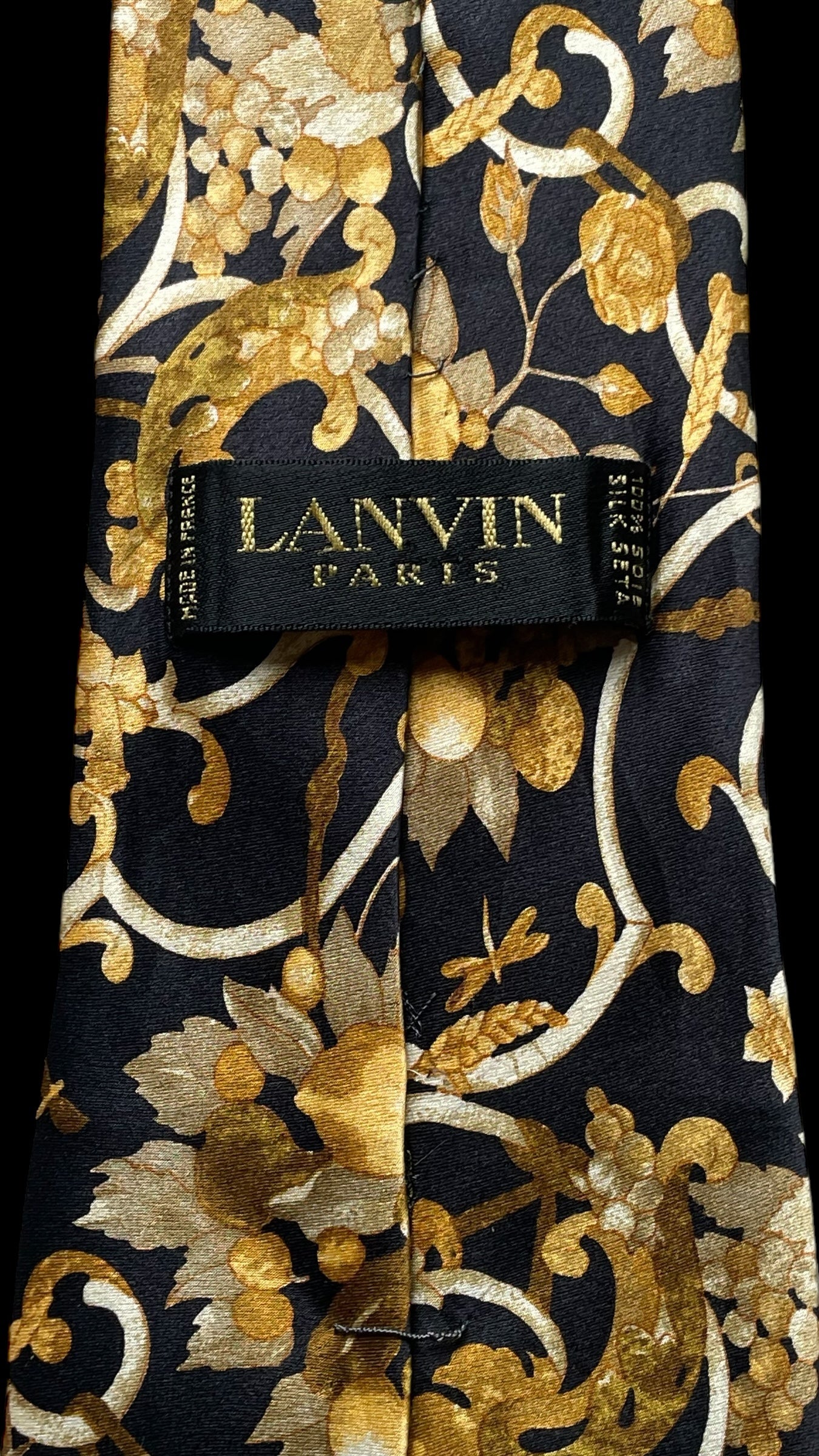 LANVIN Vintage Black Floral Crepe Silk Jacquard Tie (9.5 cm by 156.5 cm) Longer Length