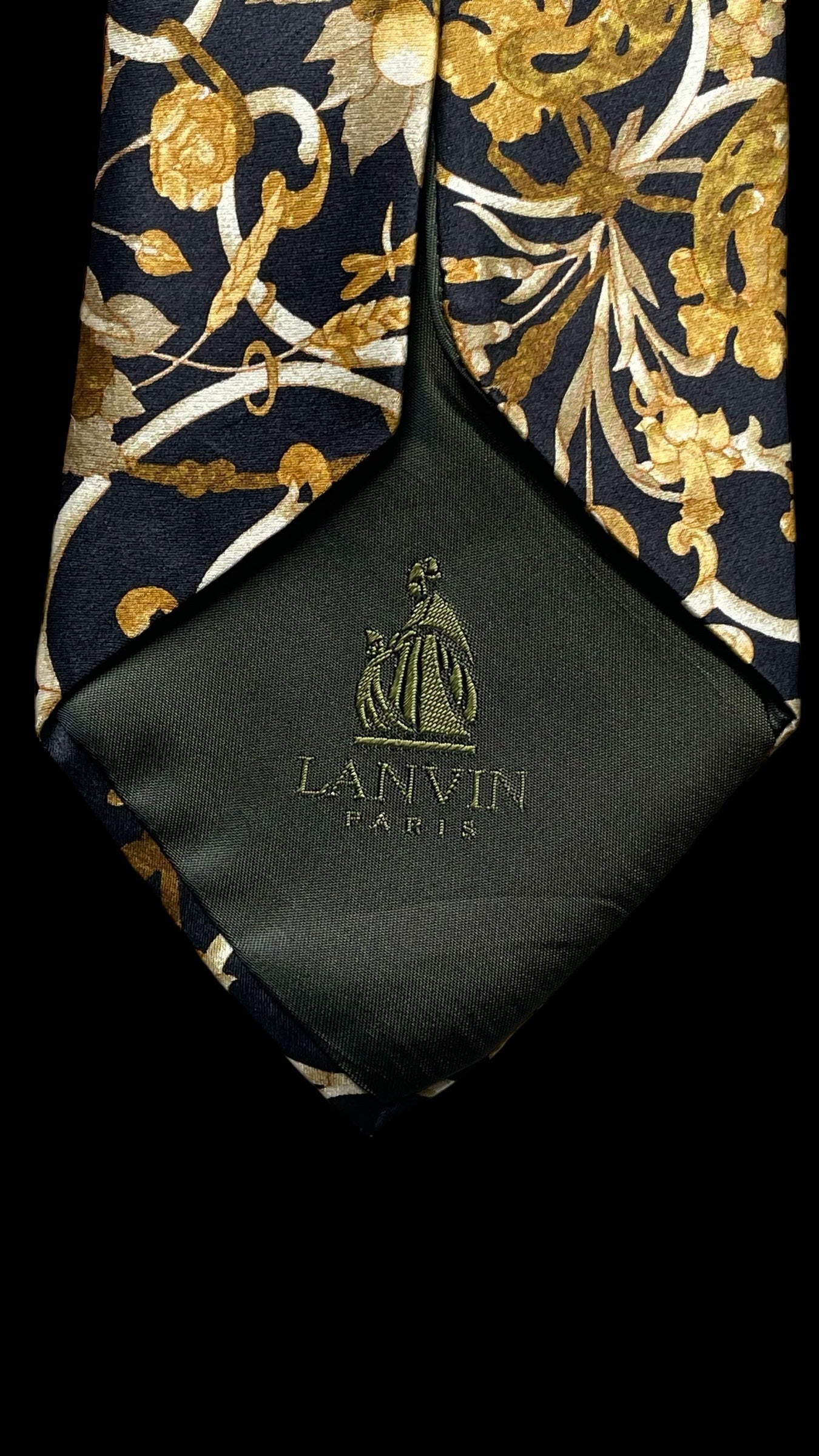LANVIN Vintage Black Floral Crepe Silk Jacquard Tie (9.5 cm by 156.5 cm) Longer Length