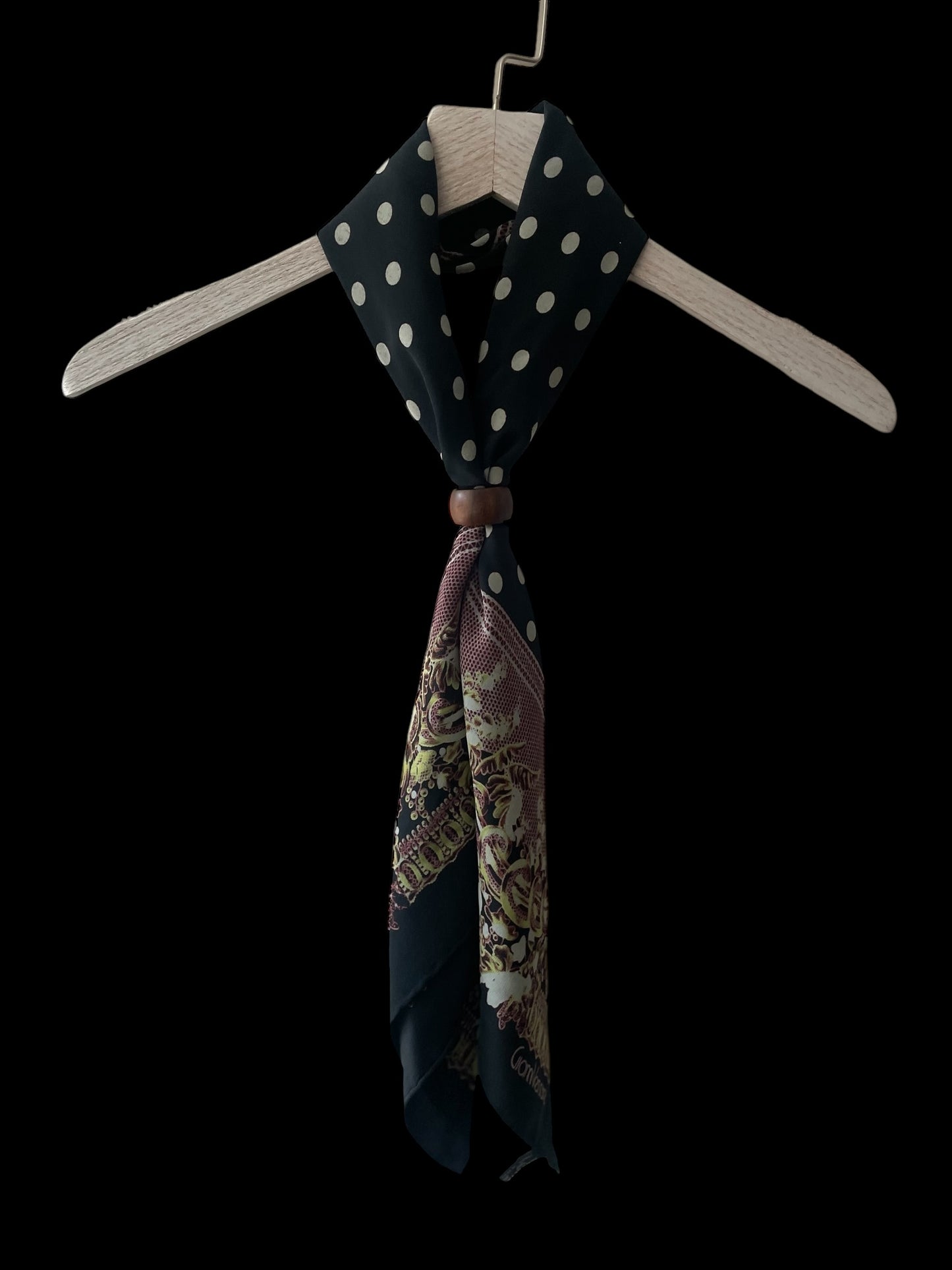 Vintage Black Polka Dots/ Baroque Crepe Silk Scarf by GIANNI VERSACE (84 cm by 90 cm) Hand rolled edges.