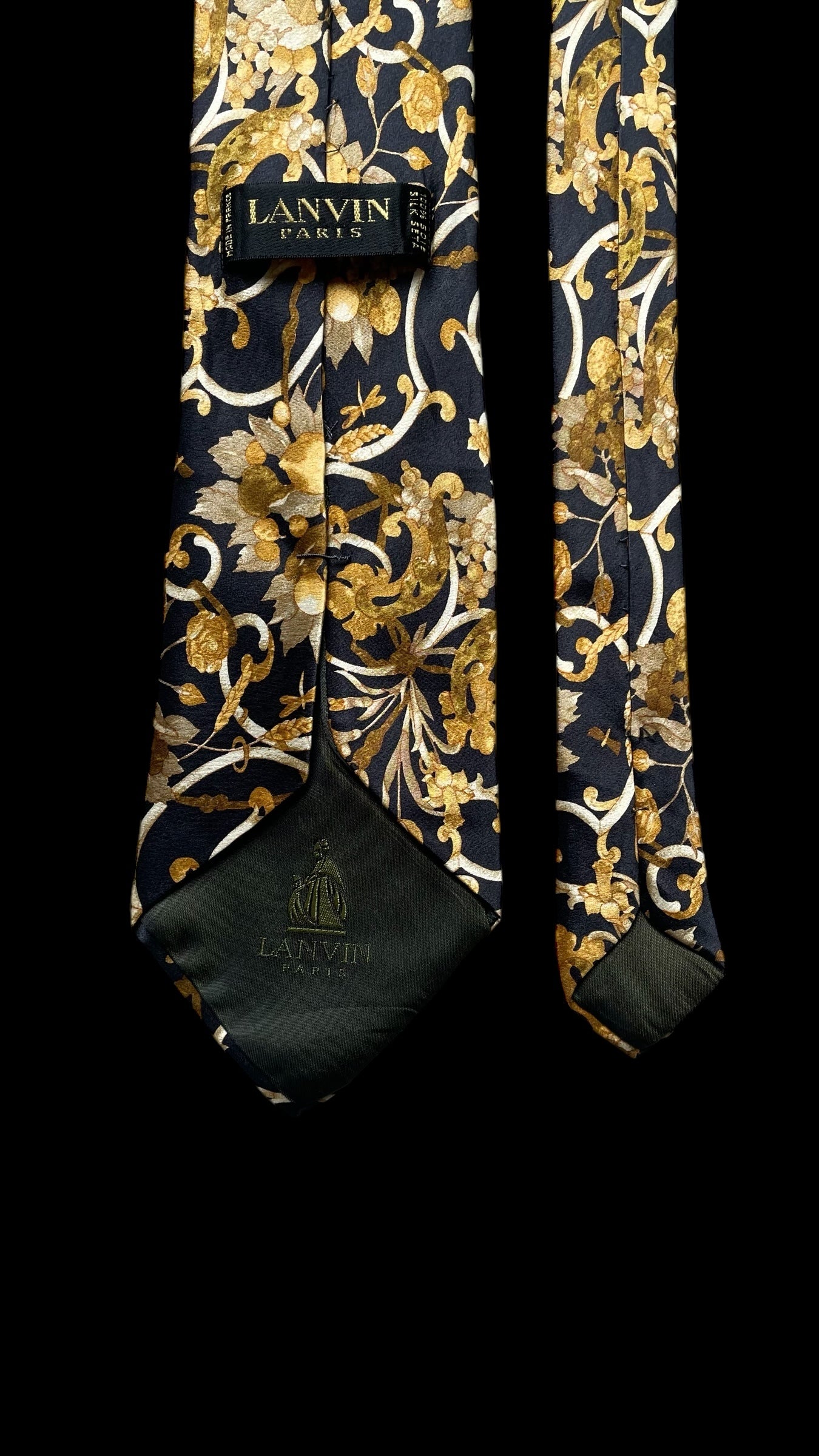 LANVIN Vintage Black Floral Crepe Silk Jacquard Tie (9.5 cm by 156.5 cm) Longer Length