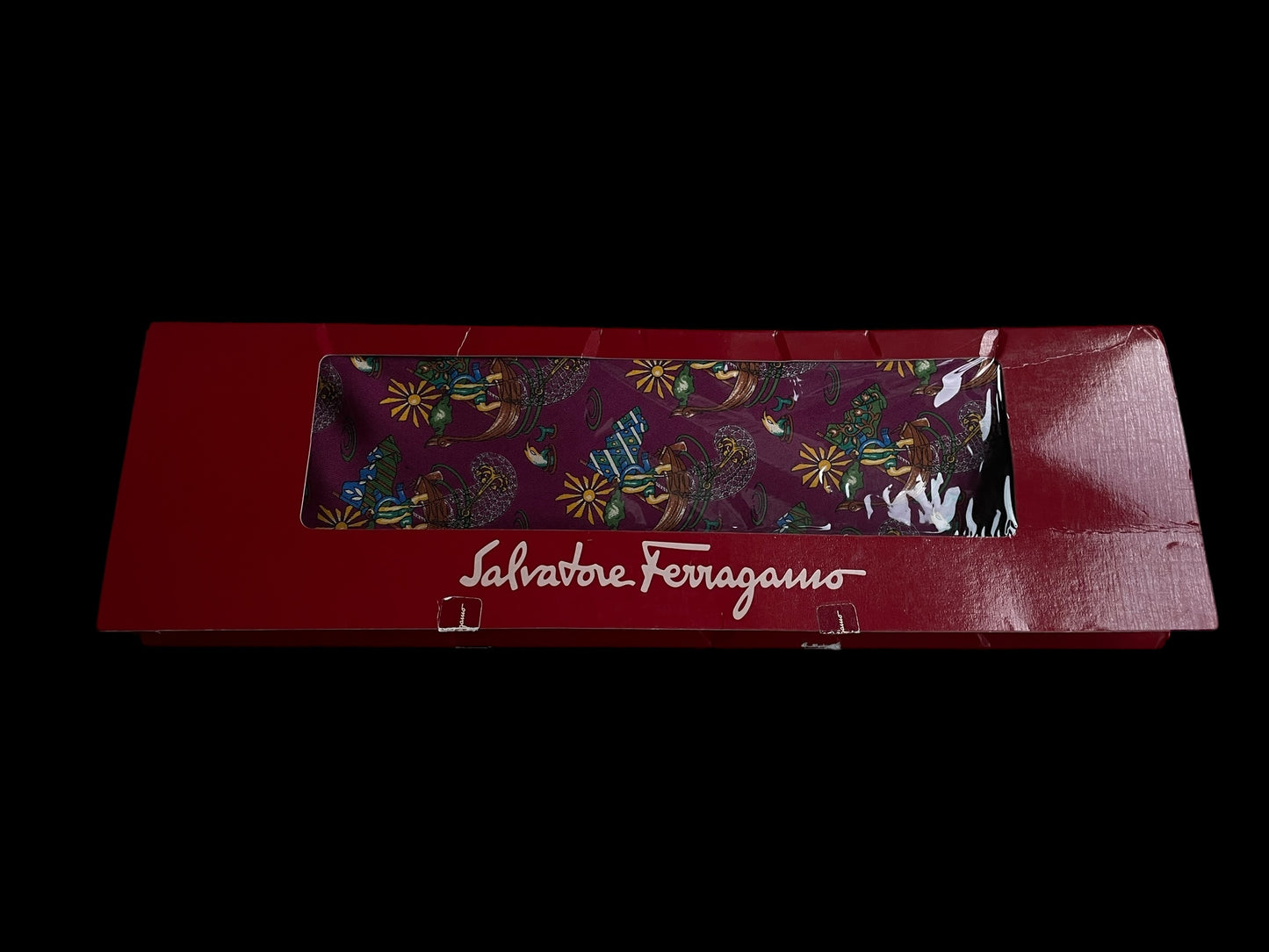 SALVATORE FERRAGAMO Vintage Dark Purple Novelty Silk Tie (9.4 cm by 140 cm) New in Box.