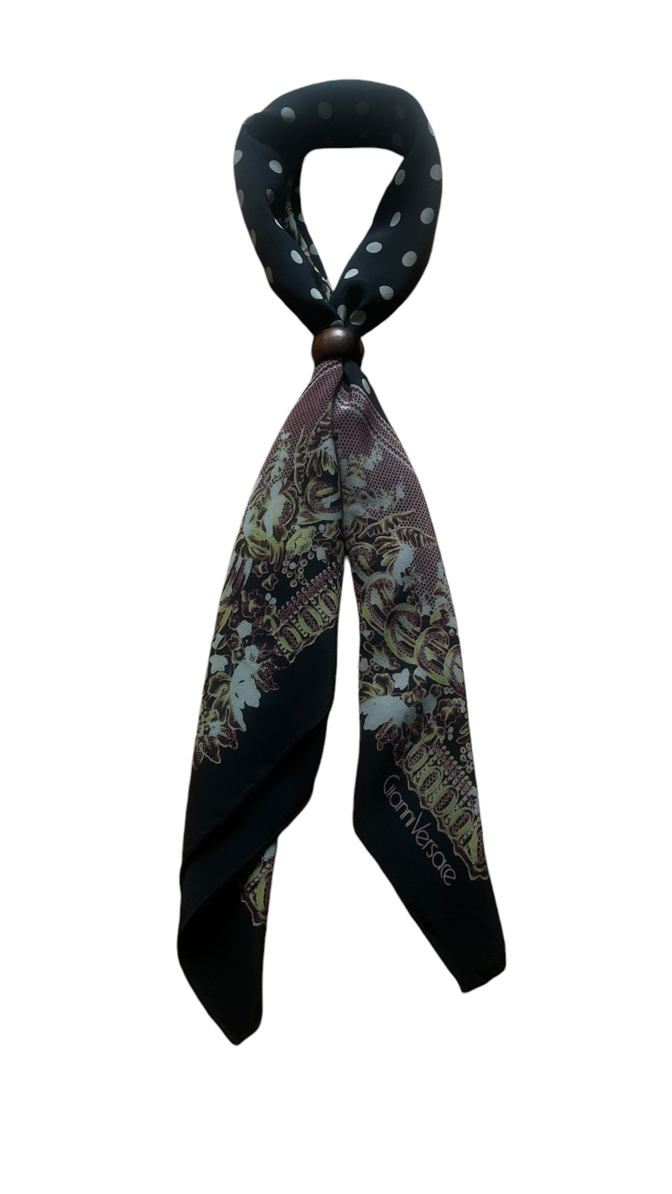 Vintage Black Polka Dots/ Baroque Crepe Silk Scarf by GIANNI VERSACE (84 cm by 90 cm) Hand rolled edges.