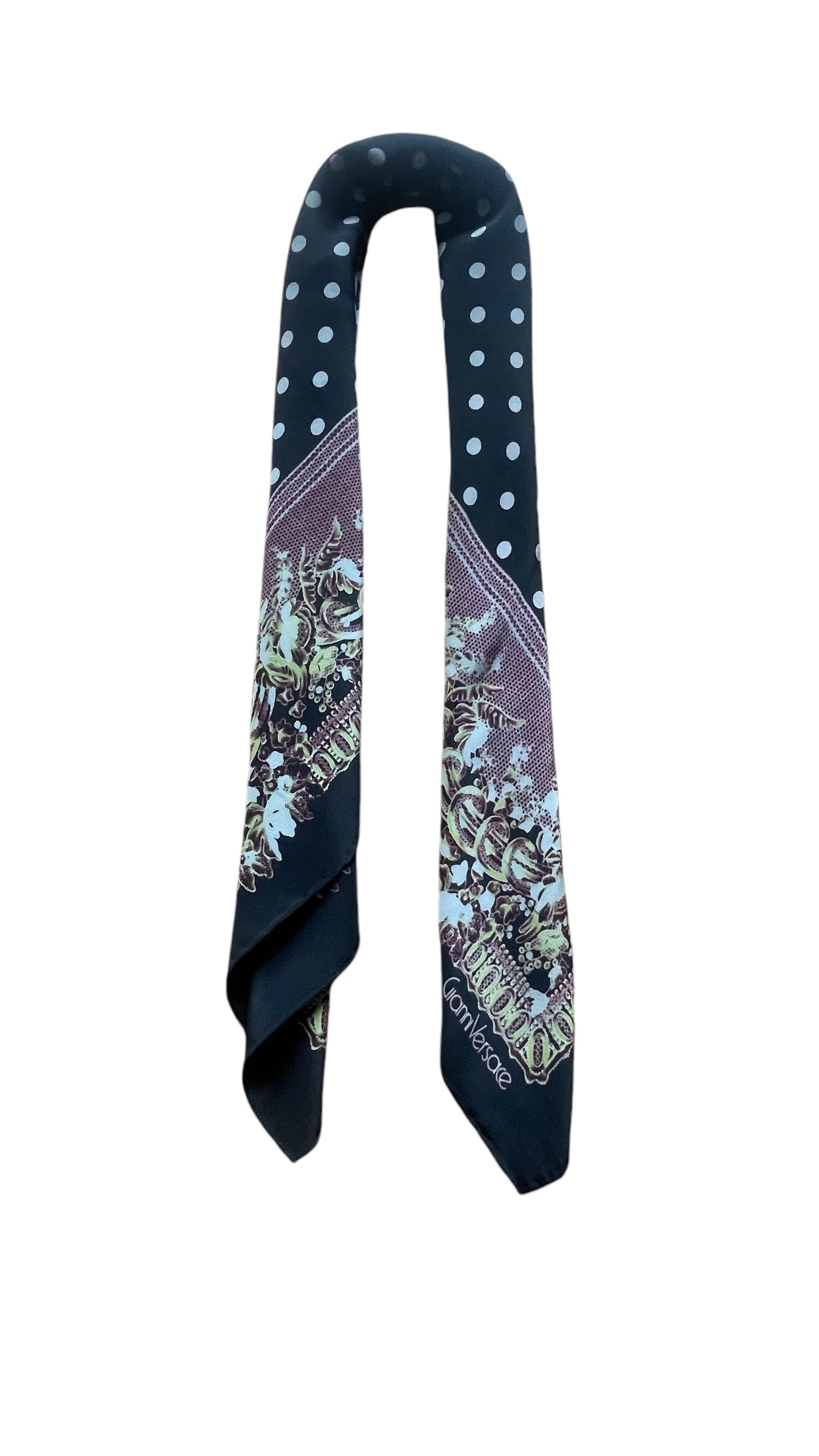 Vintage Black Polka Dots/ Baroque Crepe Silk Scarf by GIANNI VERSACE (84 cm by 90 cm) Hand rolled edges.