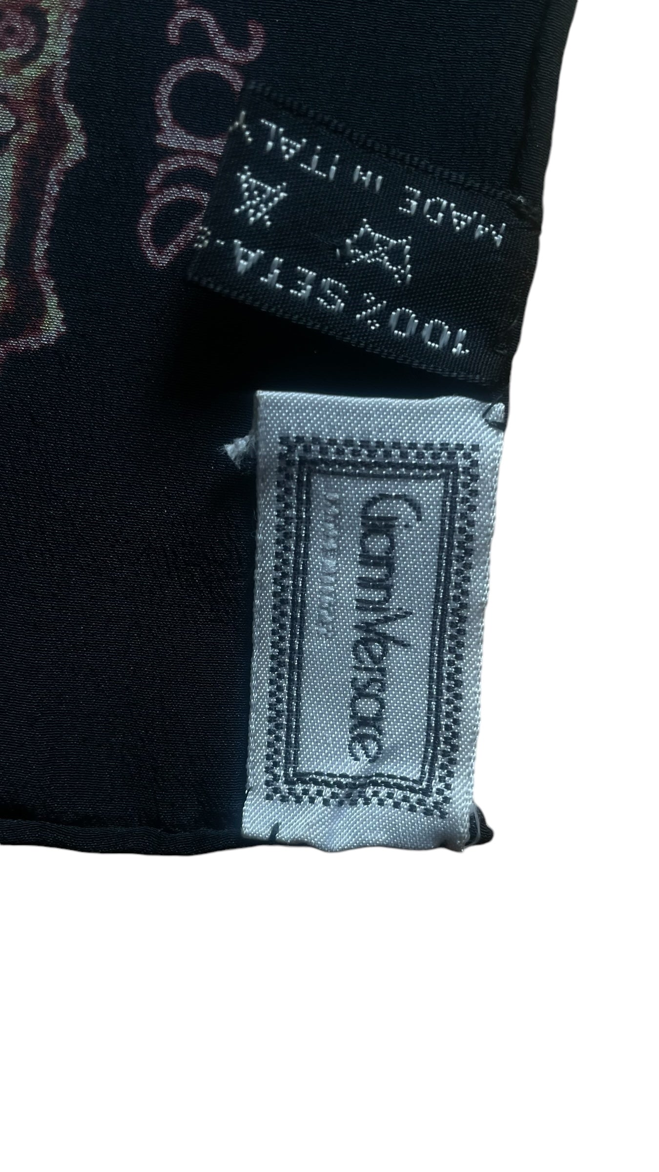 Vintage Black Polka Dots/ Baroque Crepe Silk Scarf by GIANNI VERSACE (84 cm by 90 cm) Hand rolled edges.