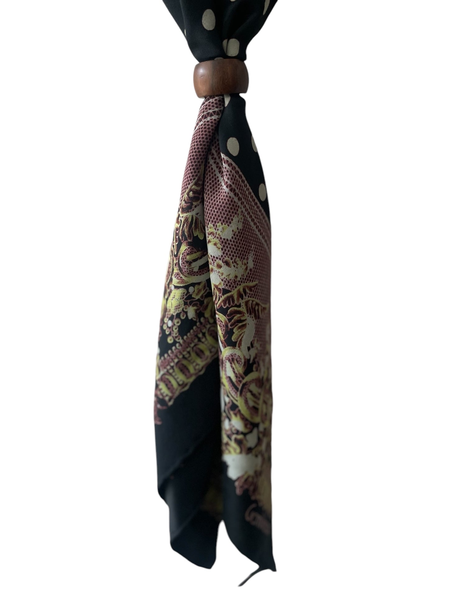 Vintage Black Polka Dots/ Baroque Crepe Silk Scarf by GIANNI VERSACE (84 cm by 90 cm) Hand rolled edges.