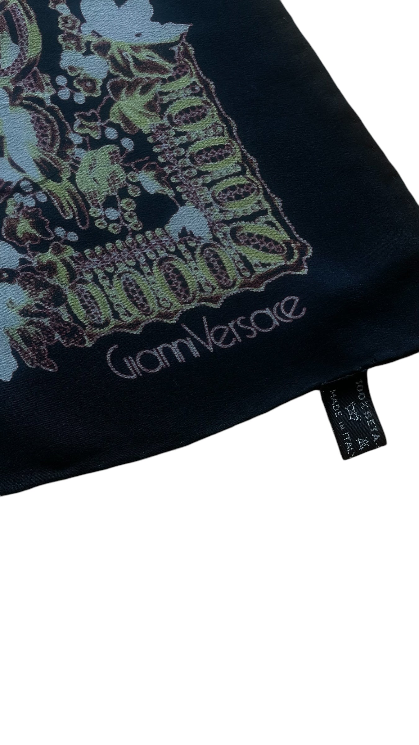 Vintage Black Polka Dots/ Baroque Crepe Silk Scarf by GIANNI VERSACE (84 cm by 90 cm) Hand rolled edges.